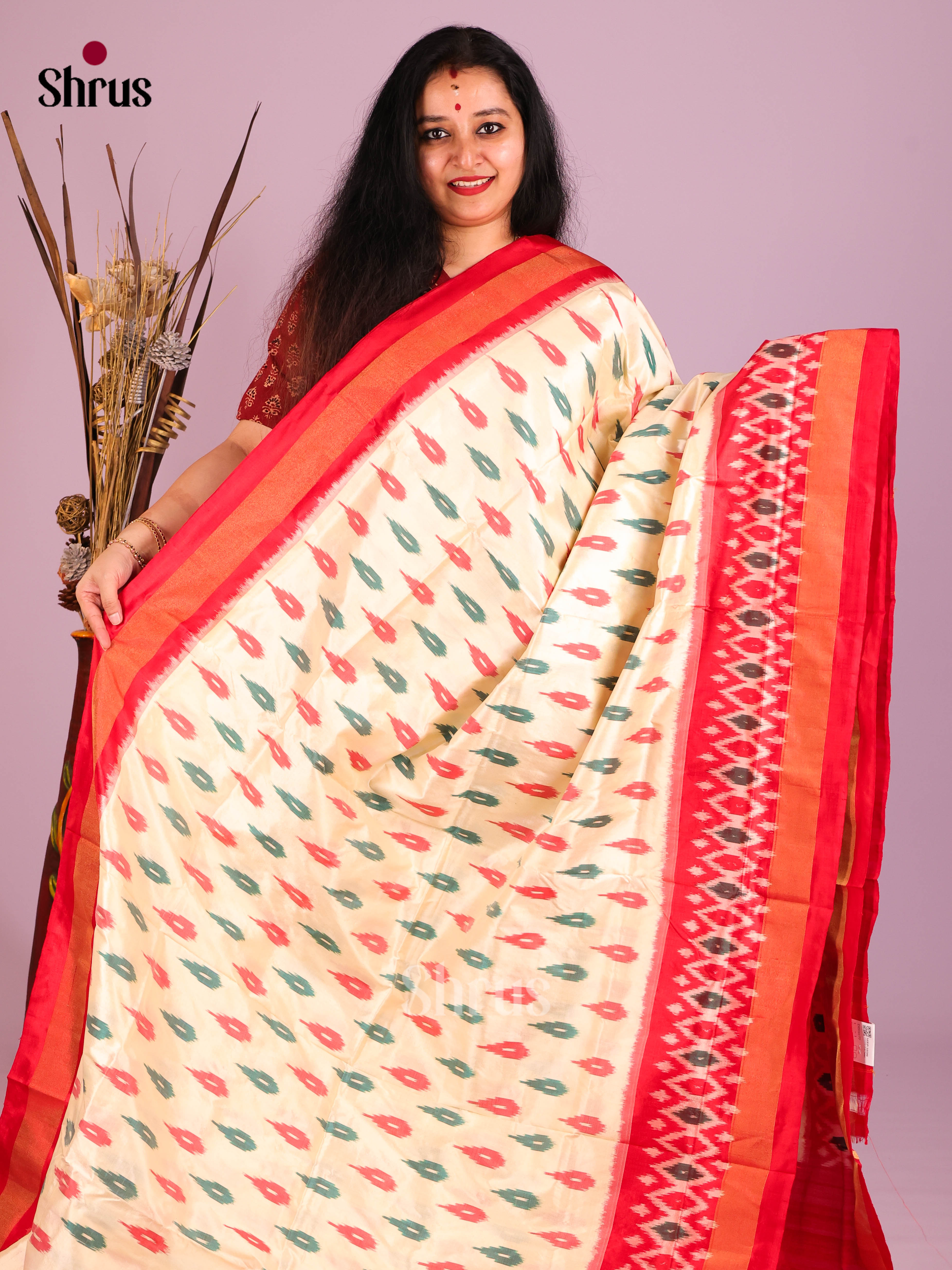 Cream & Red - Ikkat Silk Saree