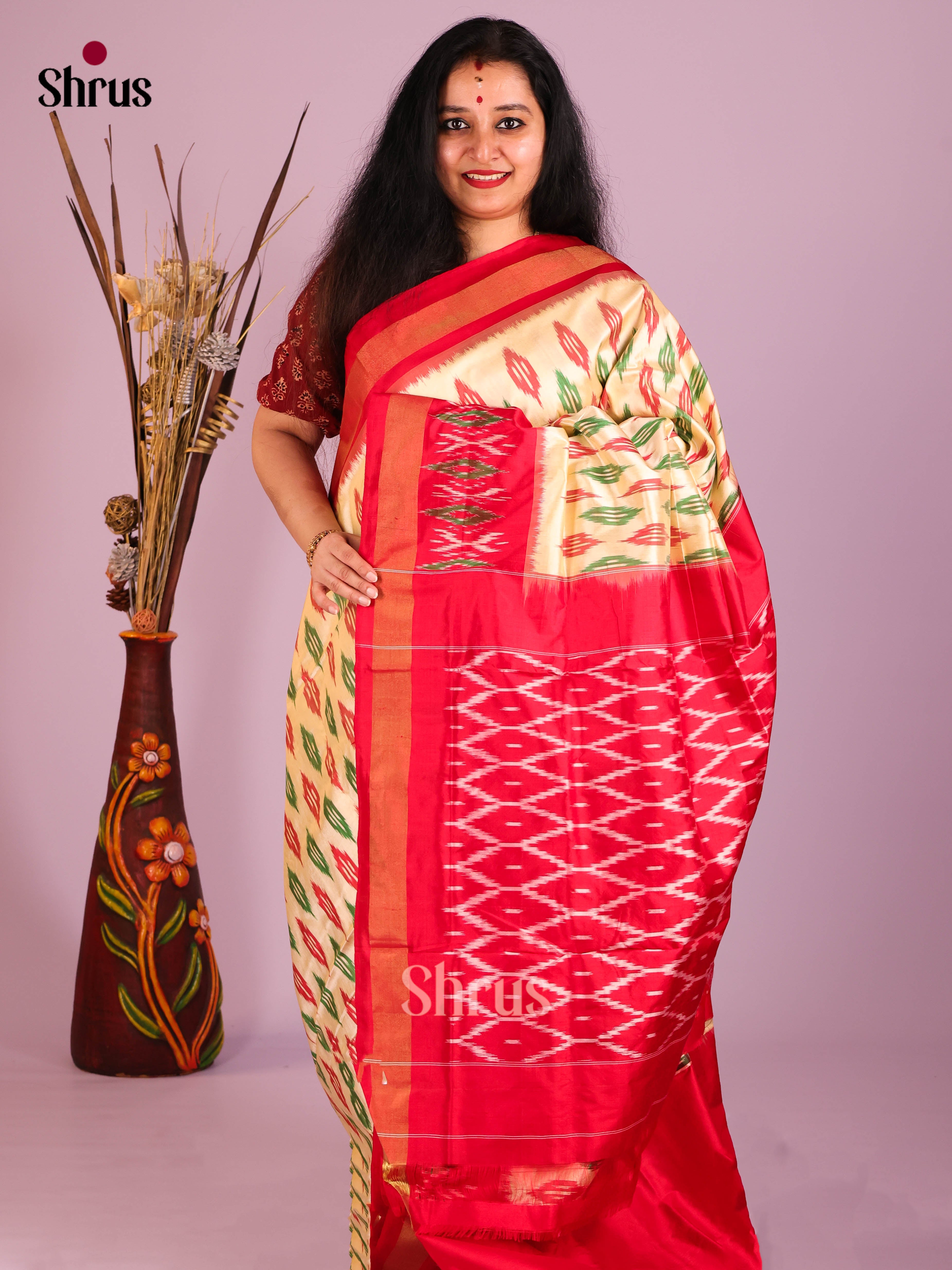 Cream & Red - Ikkat Silk Saree