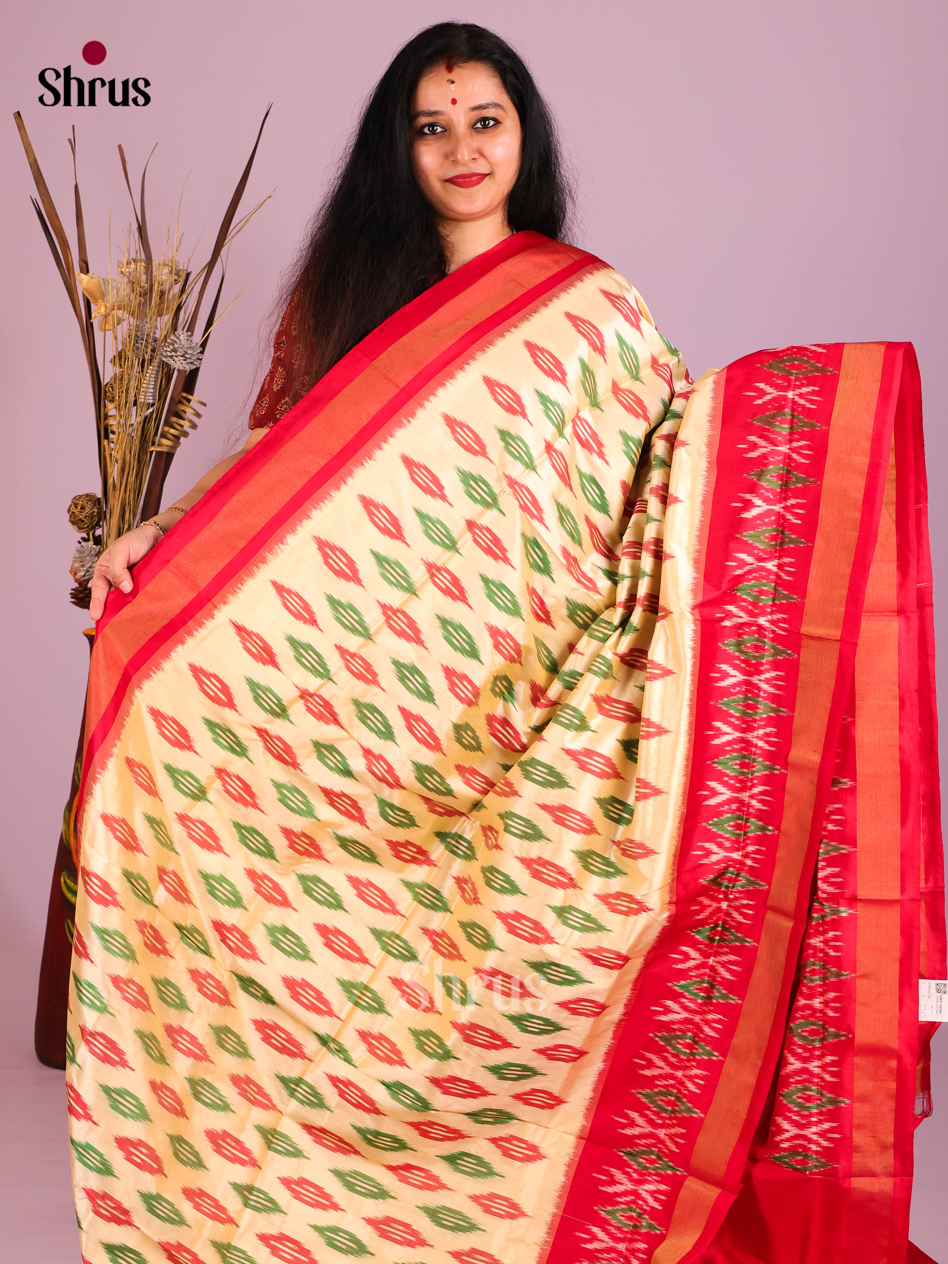 Cream & Red - Ikkat Silk Saree