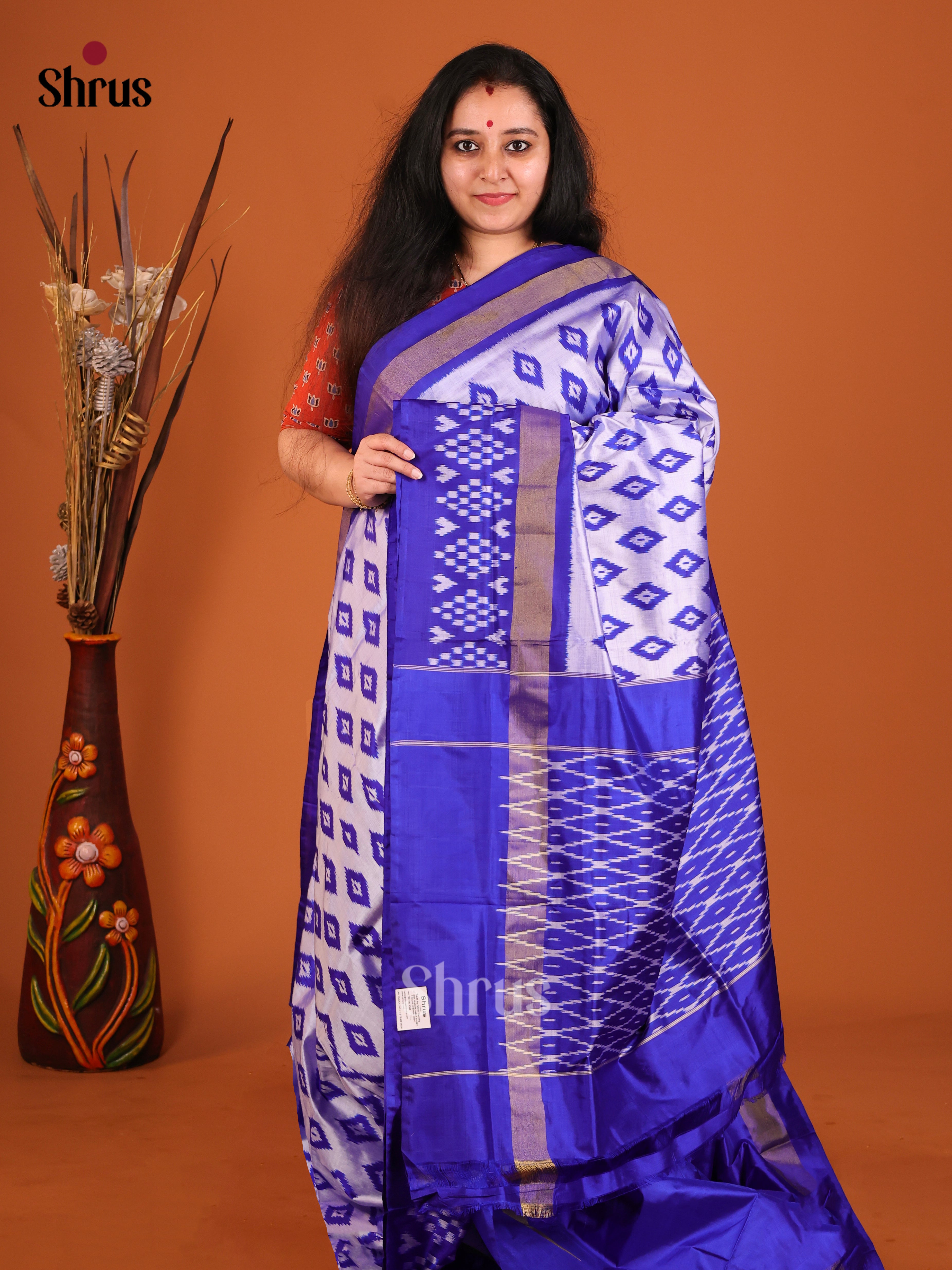 Grey & Blue - Ikkat Silk Saree - Shop on Shrus.com