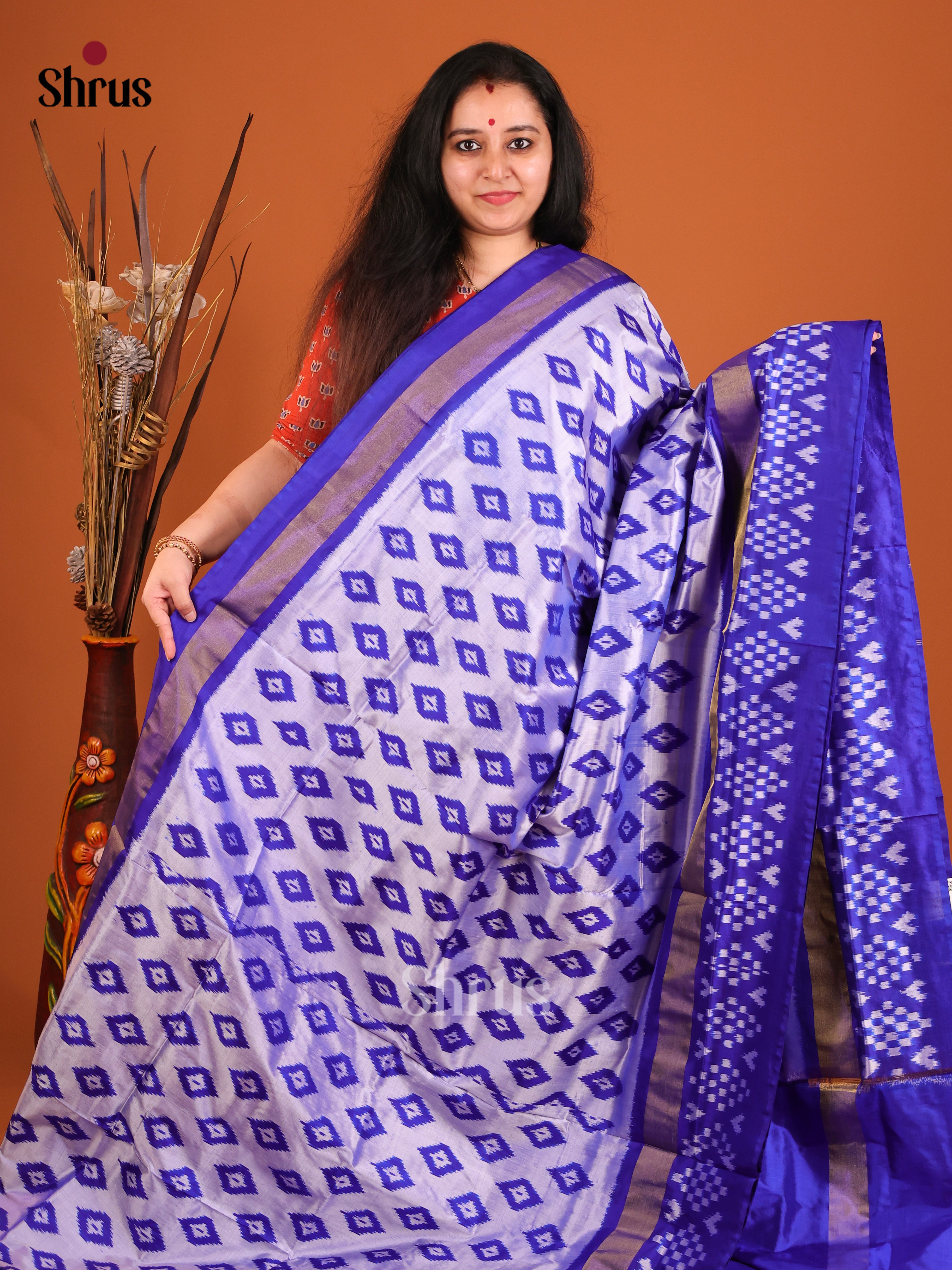 Grey & Blue - Ikkat Silk Saree - Shop on Shrus.com