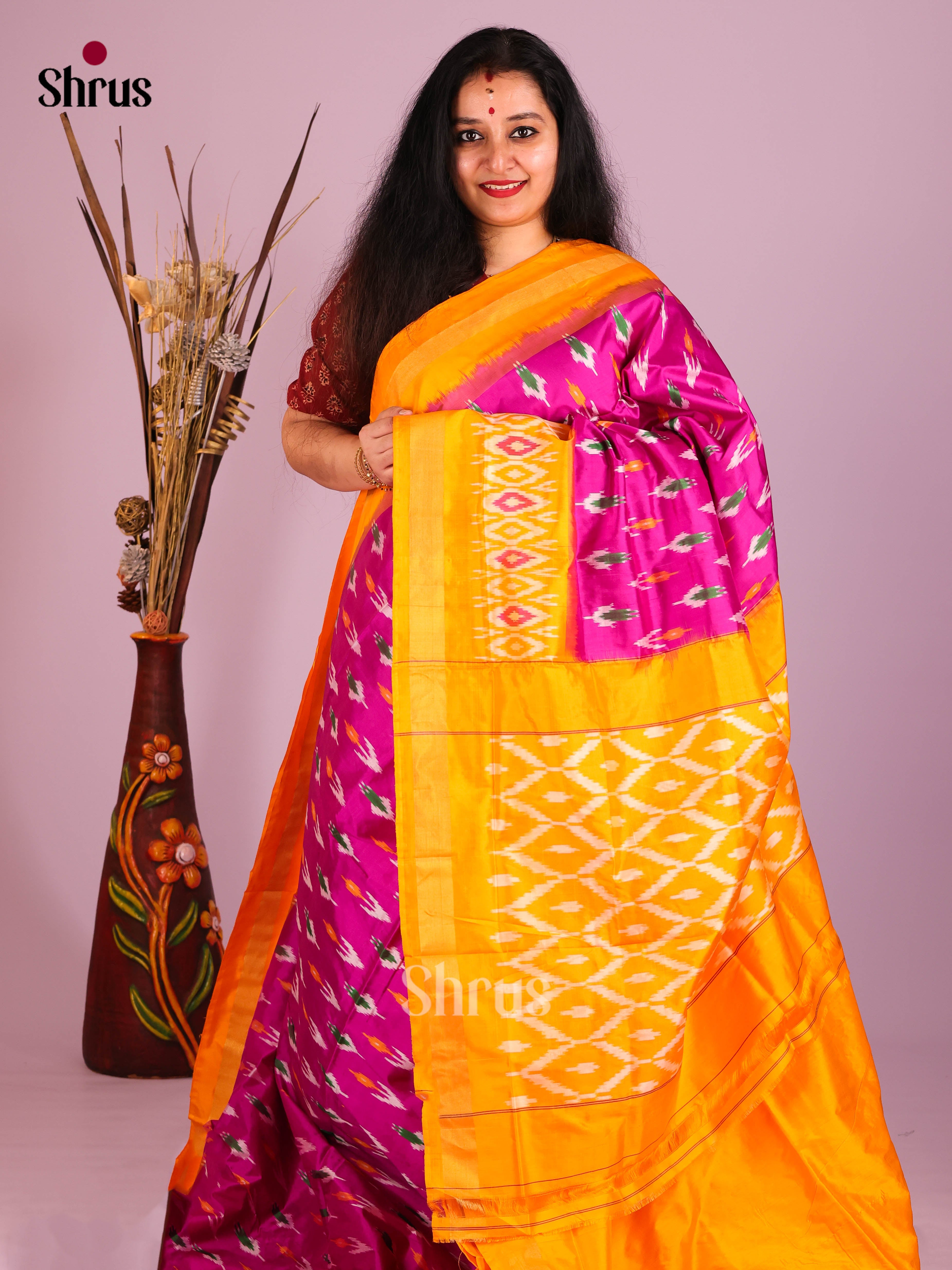 Pink & Mustard - Ikkat Silk Saree
