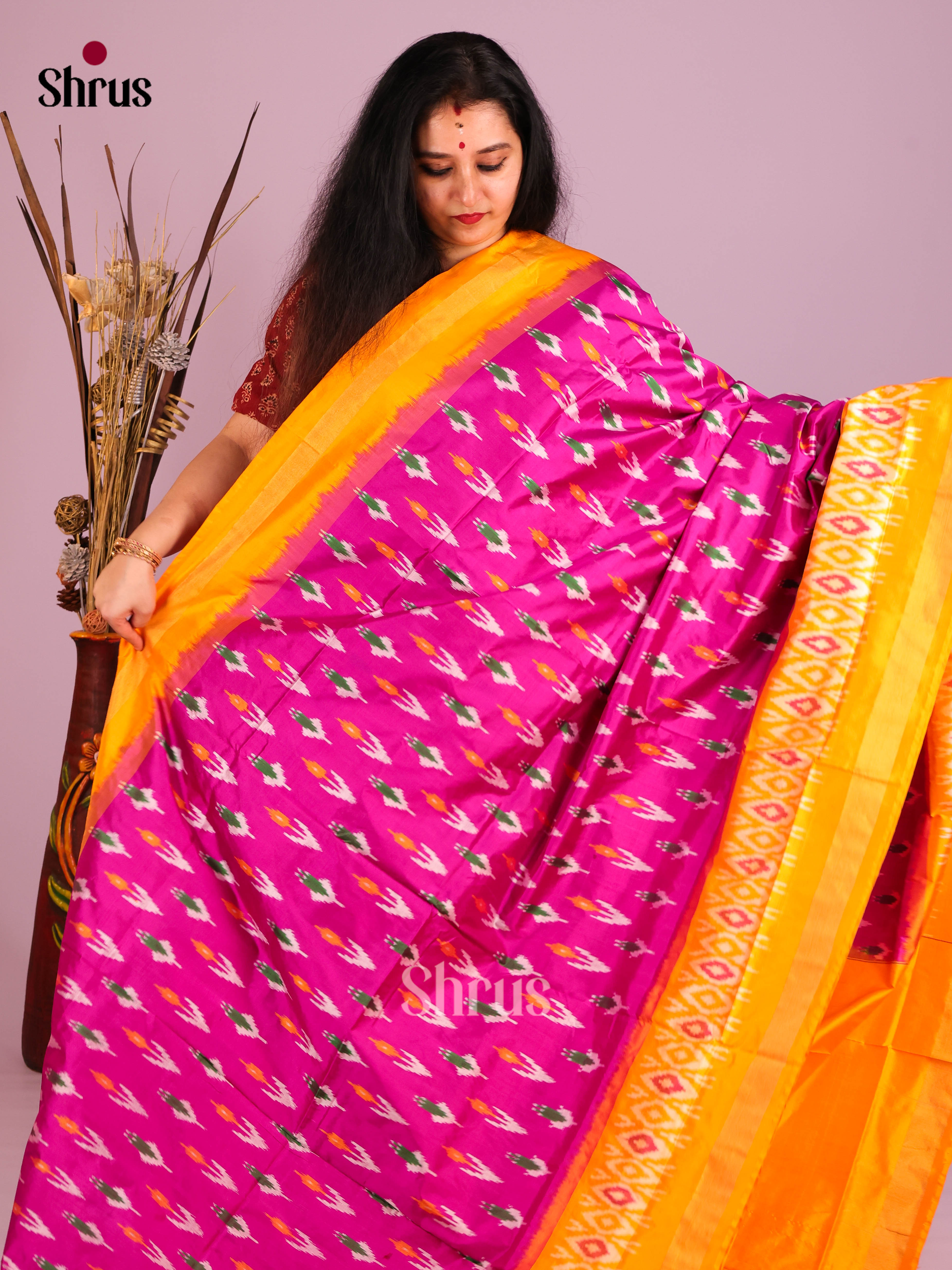 Pink & Mustard - Ikkat Silk Saree