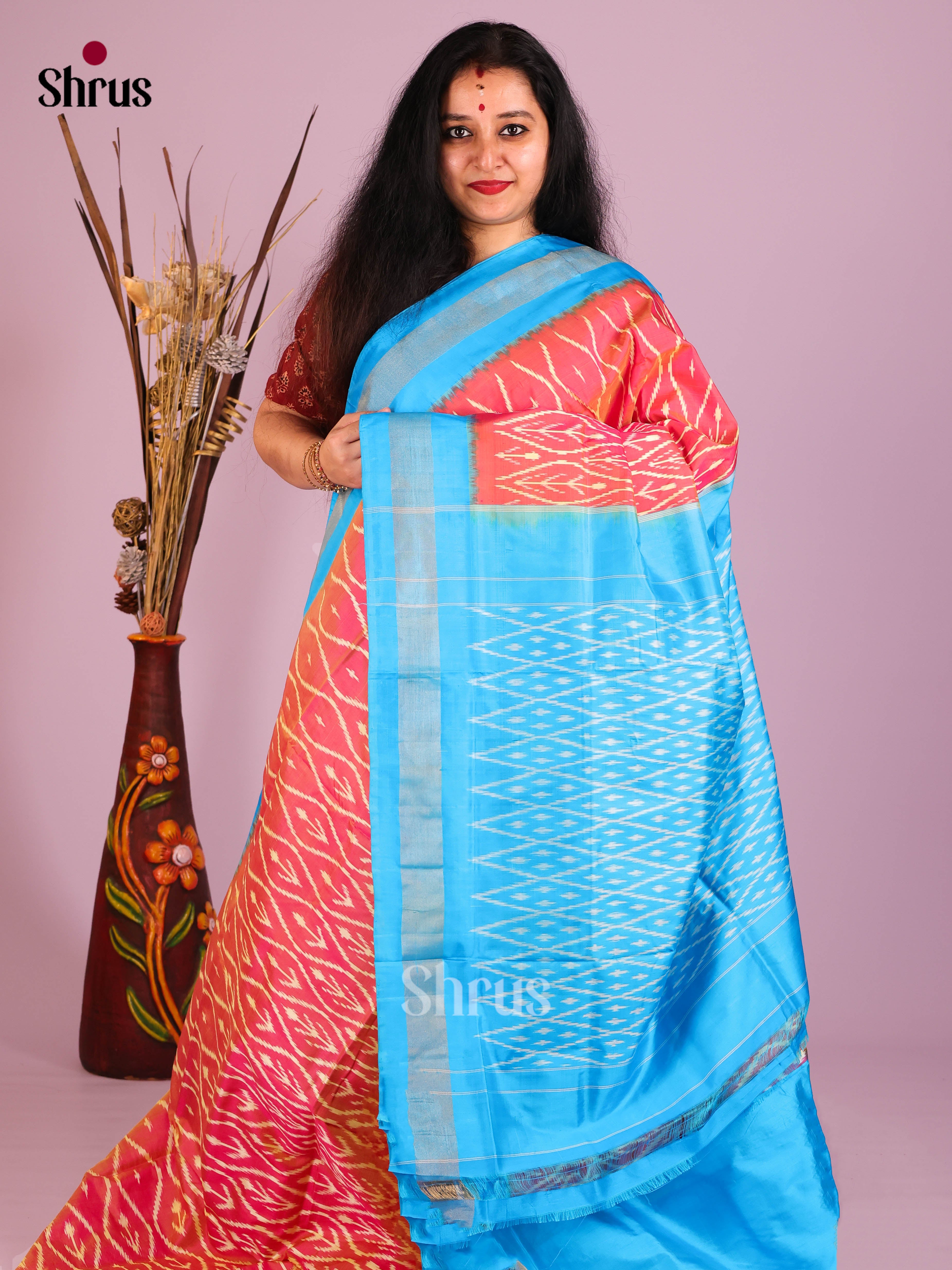 Orangish Pink & Blue - Ikkat Silk Saree