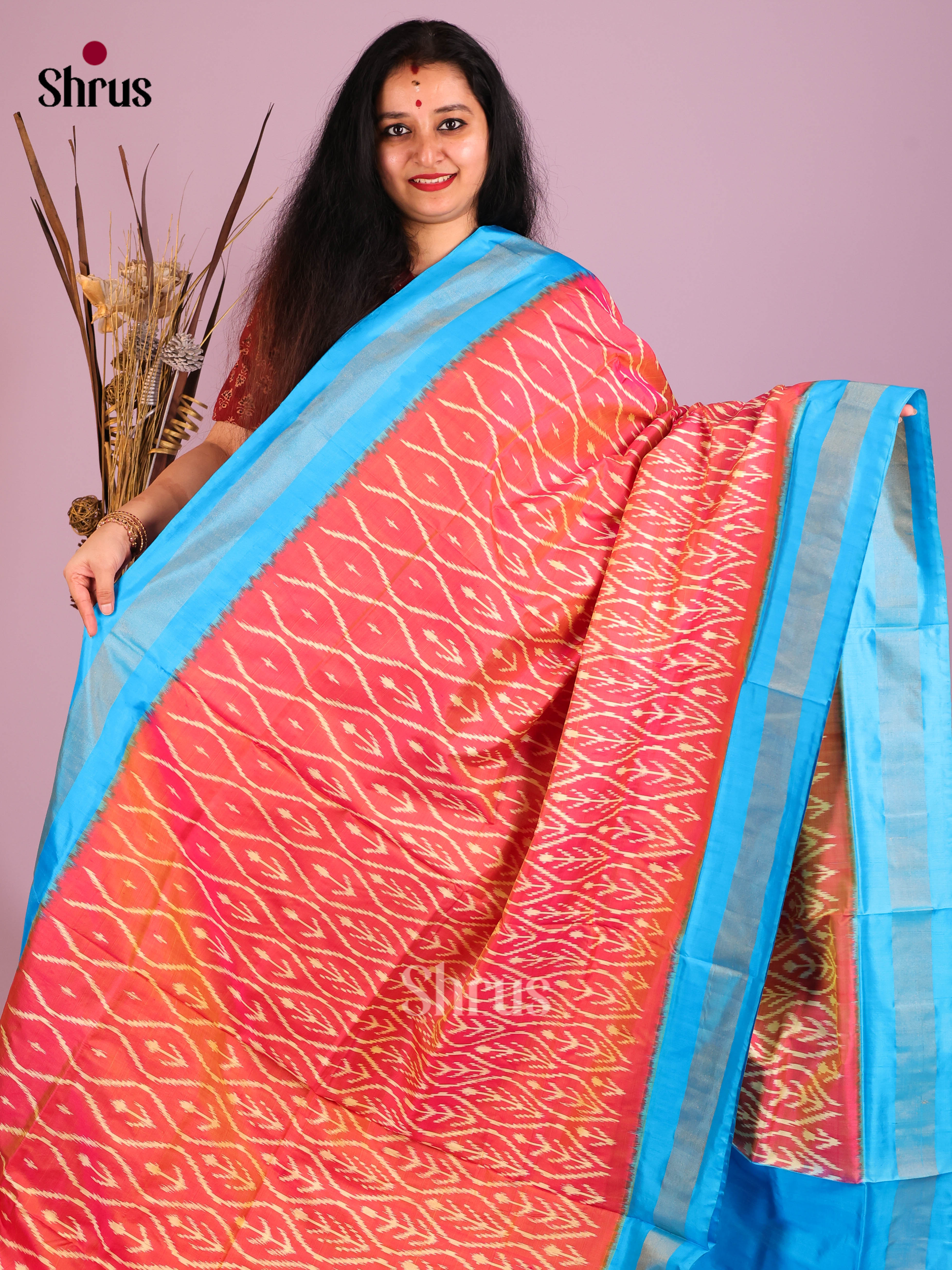 Orangish Pink & Blue - Ikkat Silk Saree