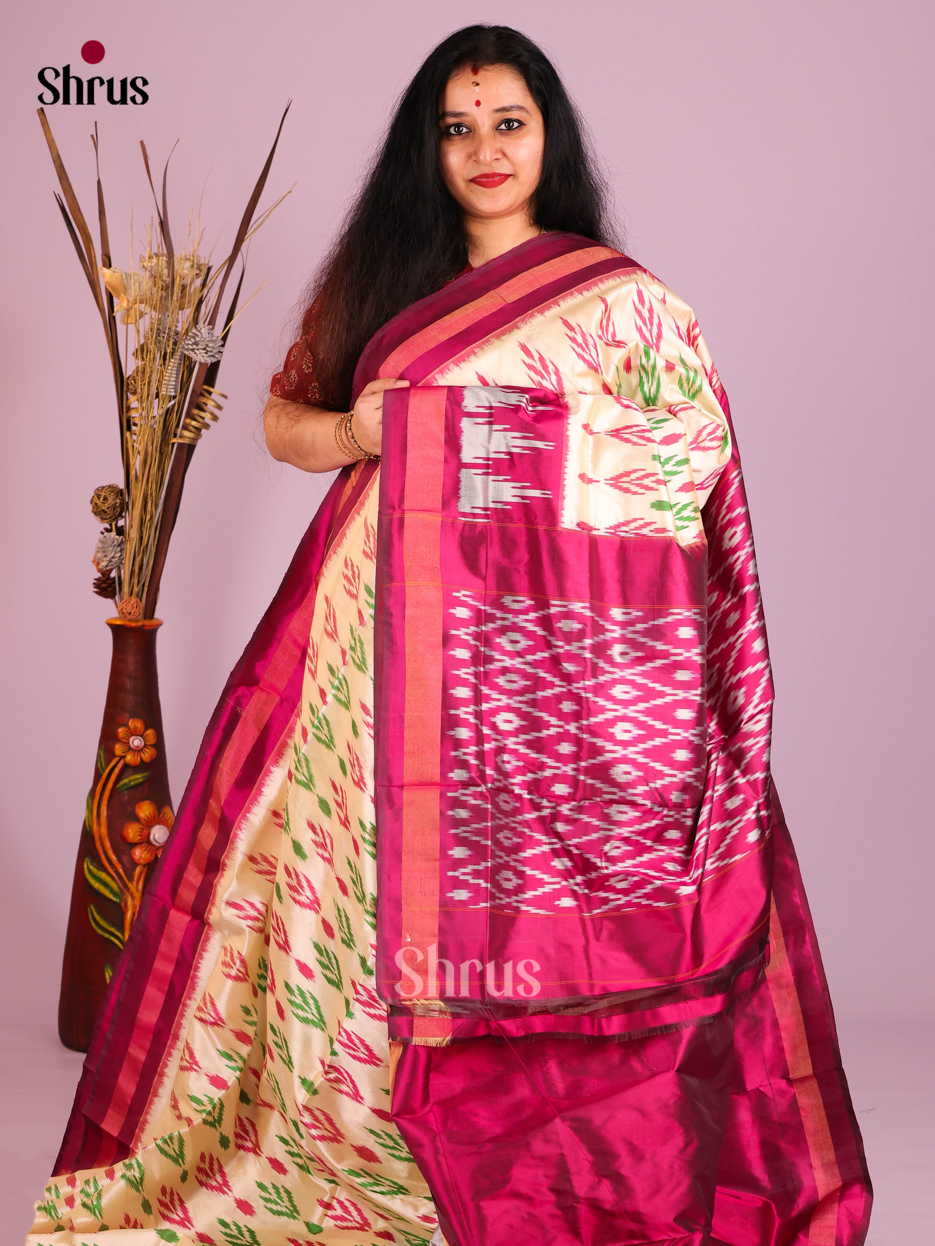 Cream & Purple - Ikkat Silk Saree
