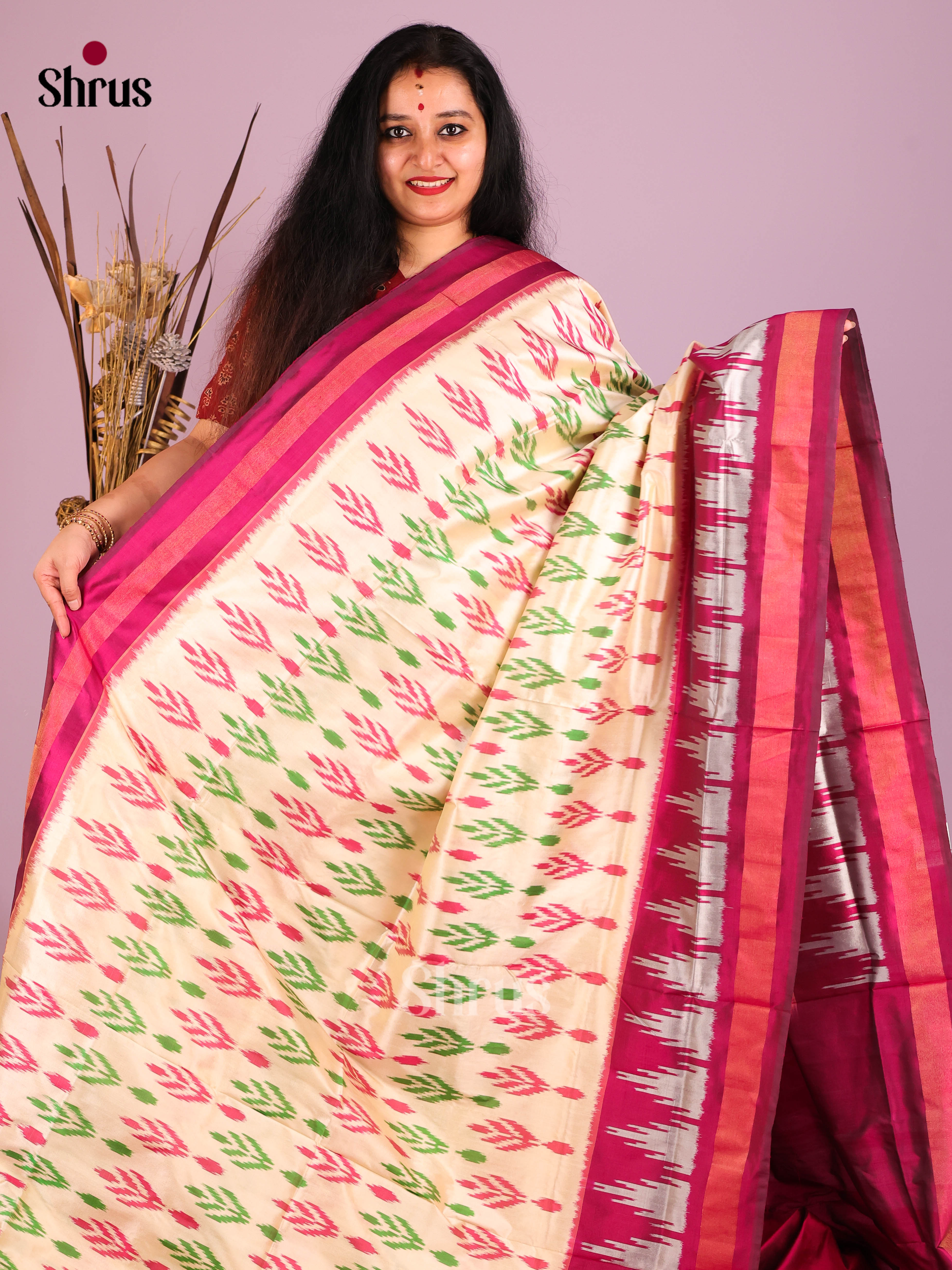 Cream & Purple - Ikkat Silk Saree