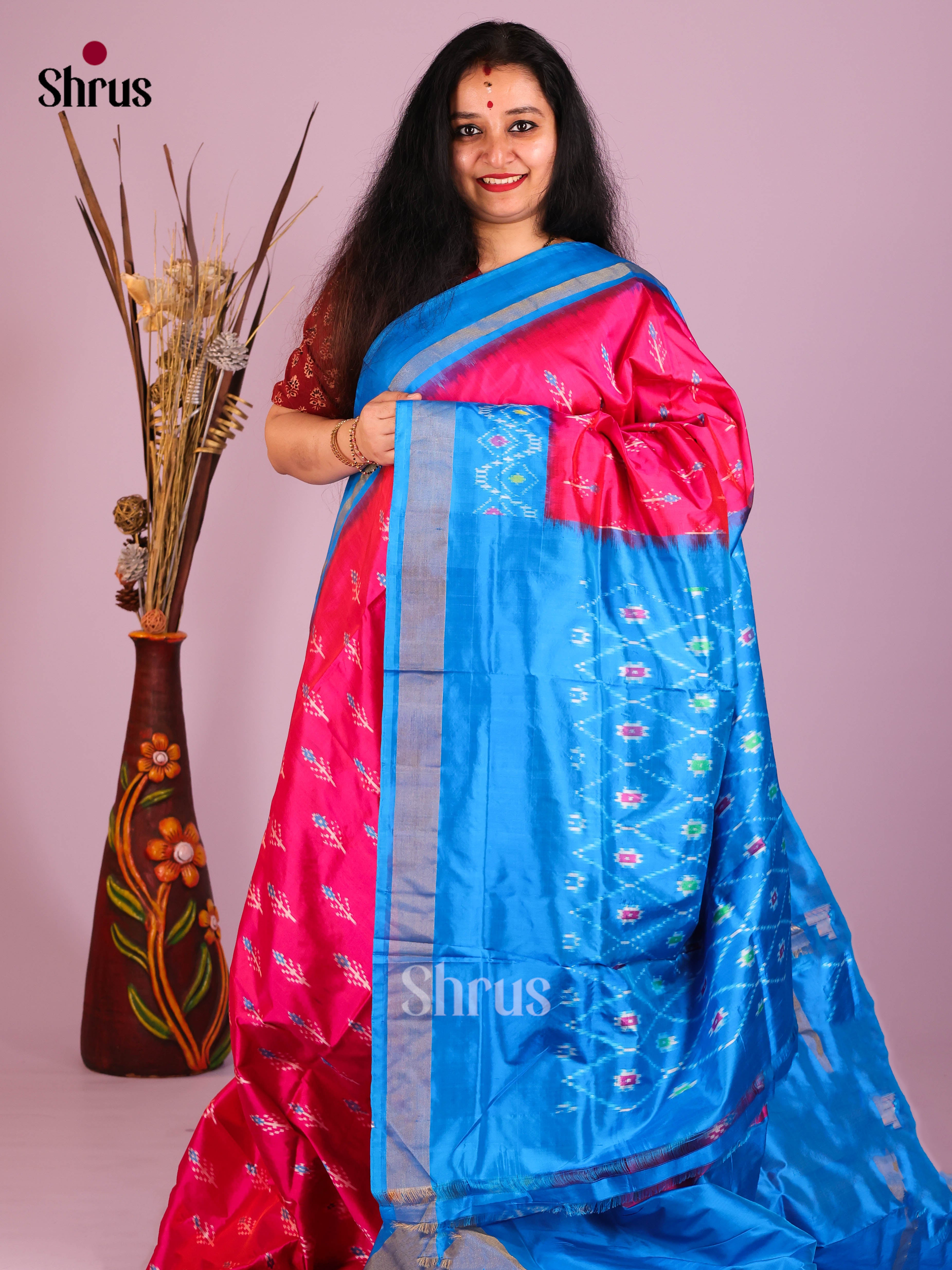 Pink & Blue - Ikkat Silk Saree