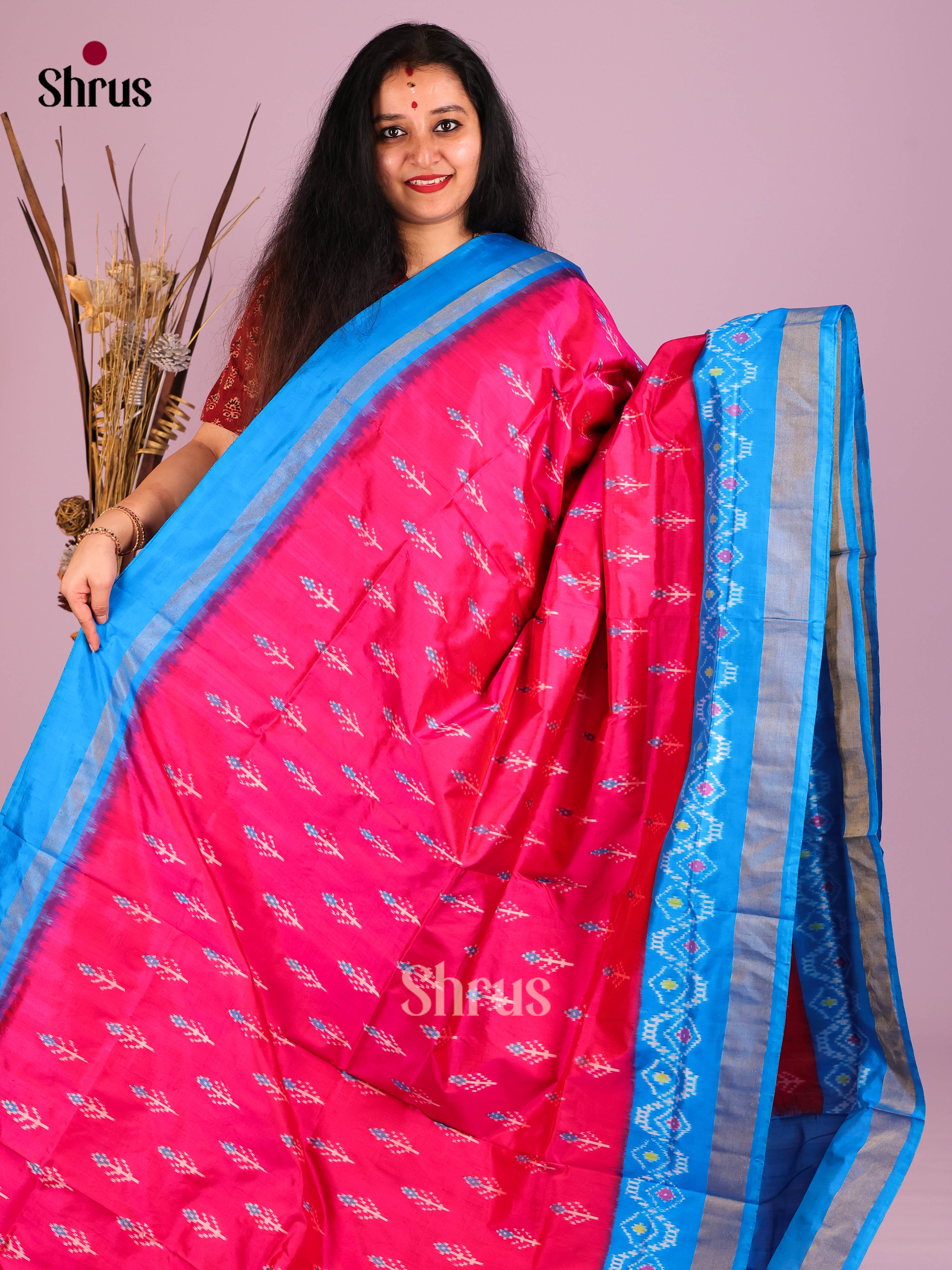 Pink & Blue - Ikkat Silk Saree