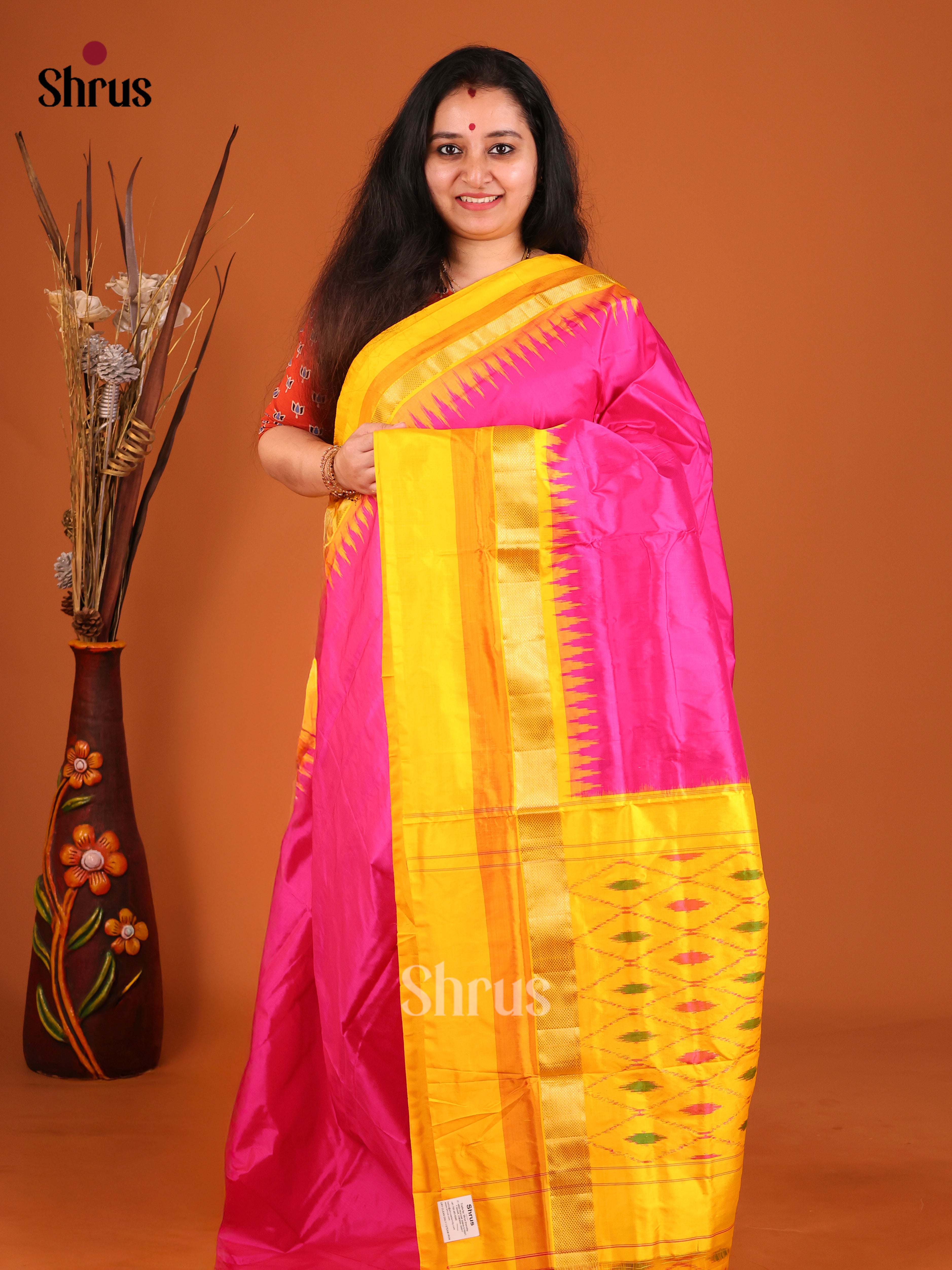 Pink & Yellow - Ikkat Silk Saree - Shop on Shrus.com
