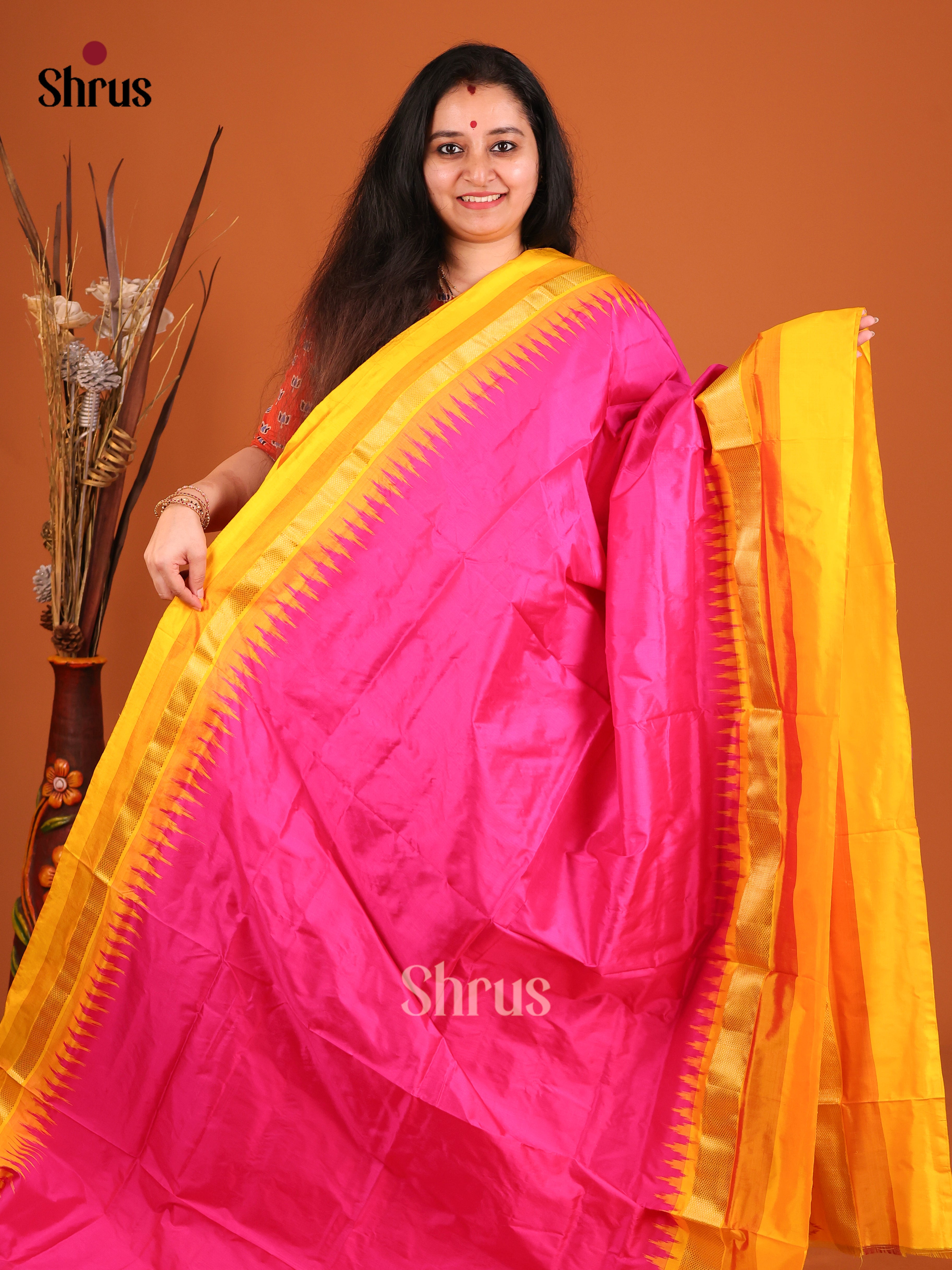 Pink & Yellow - Ikkat Silk Saree - Shop on Shrus.com