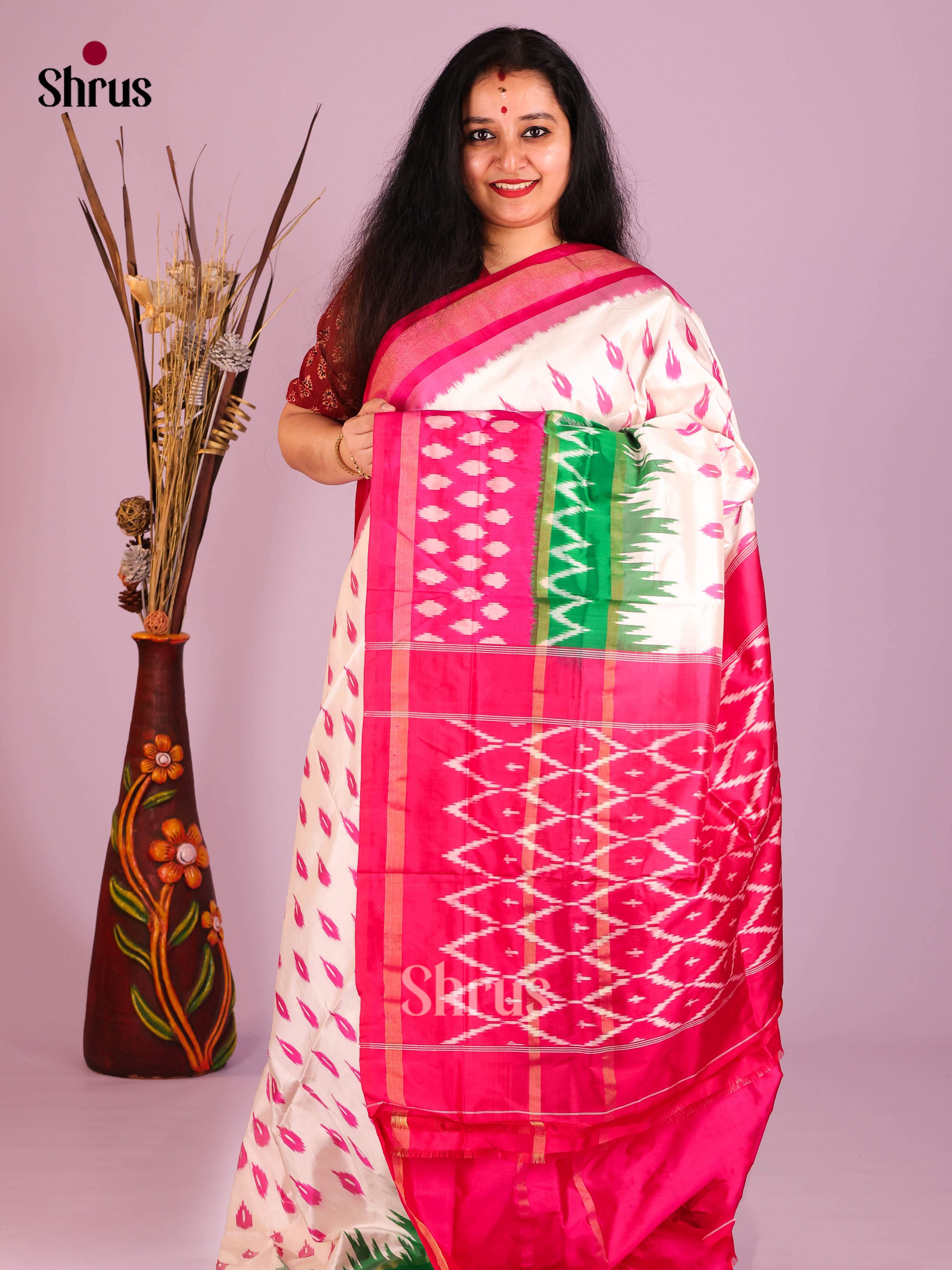 Cream & Pink- Ikkat Silk Saree