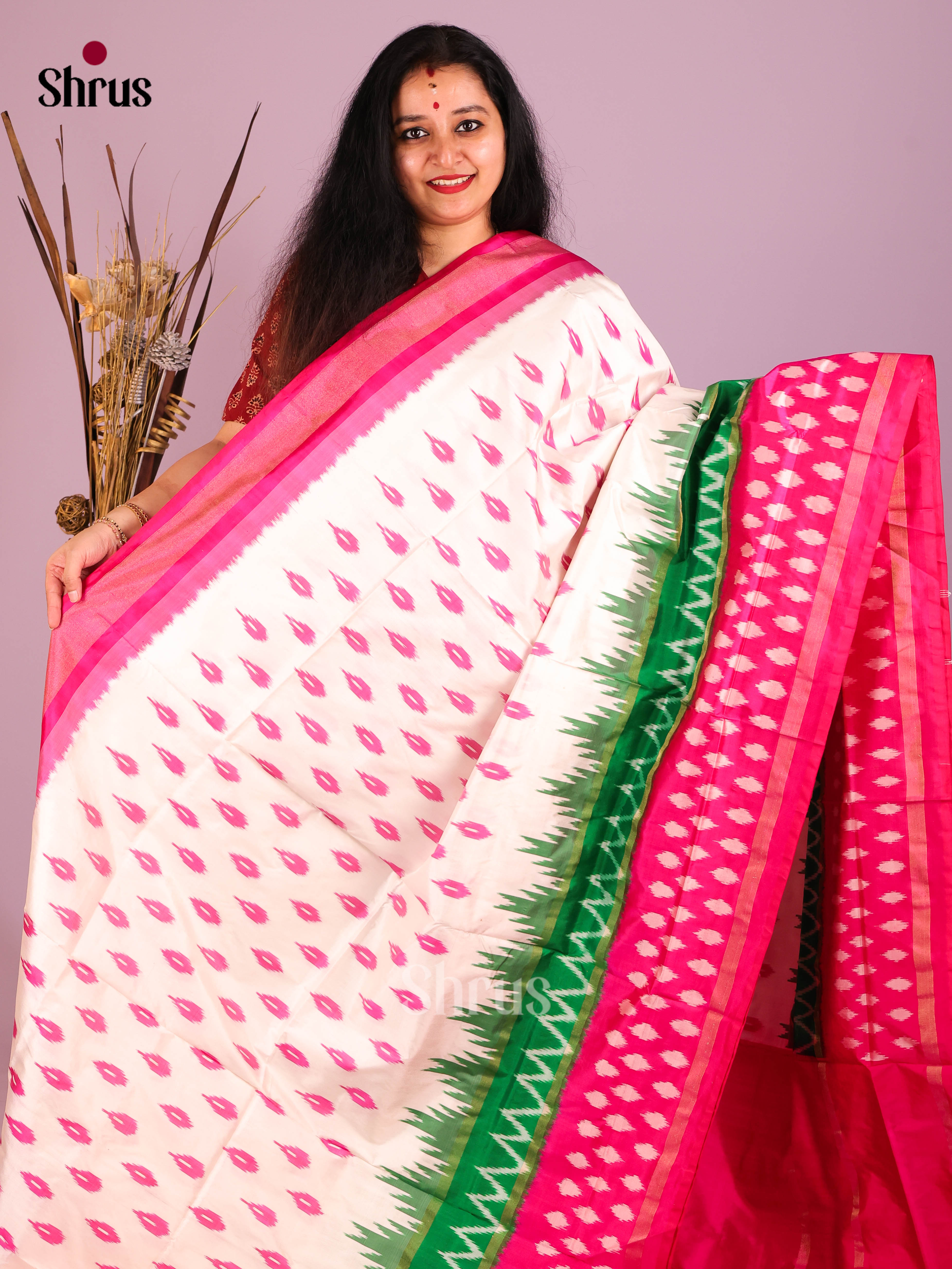 Cream & Pink- Ikkat Silk Saree