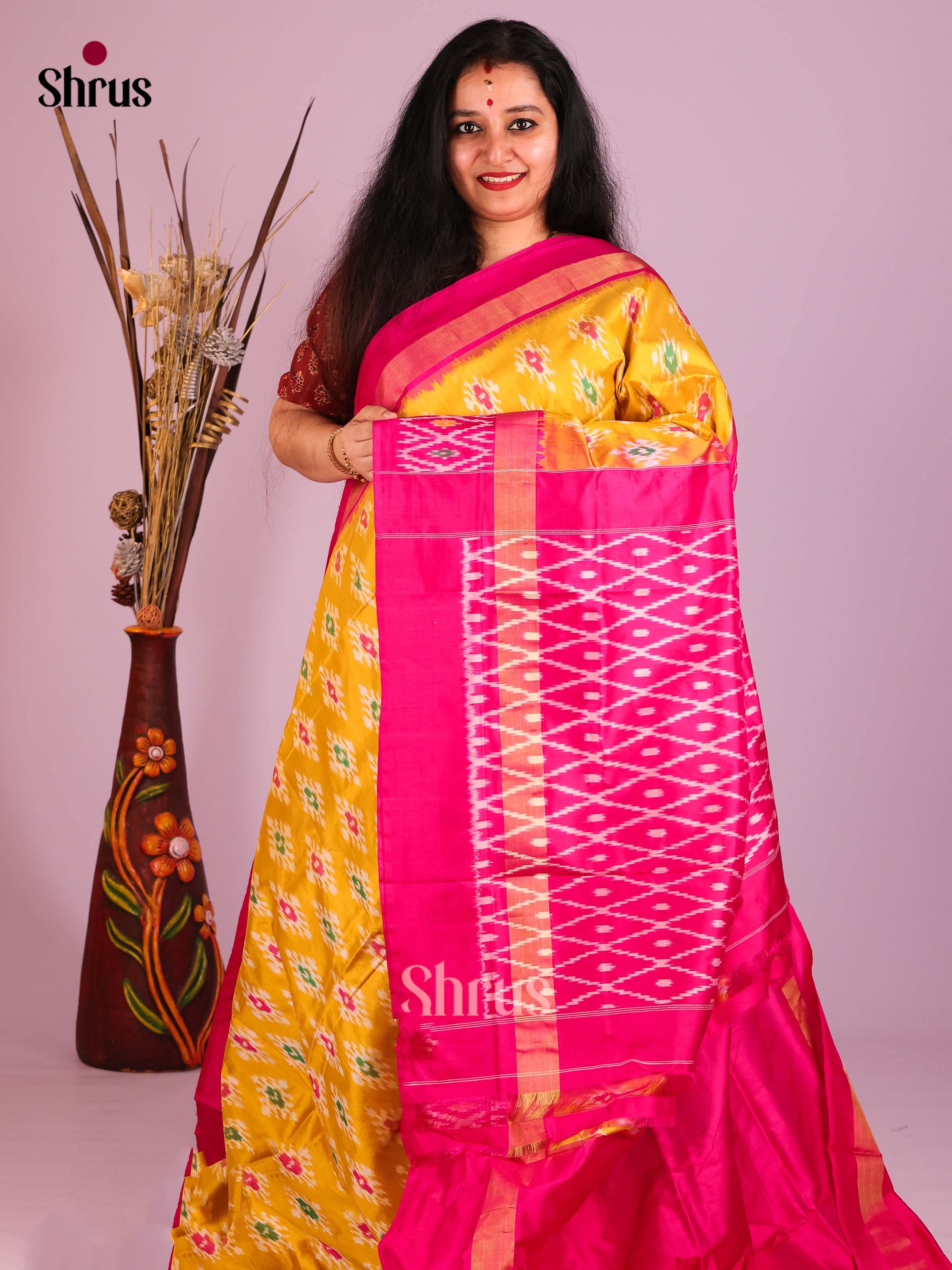 Yellow & Pink - Ikkat Silk Saree