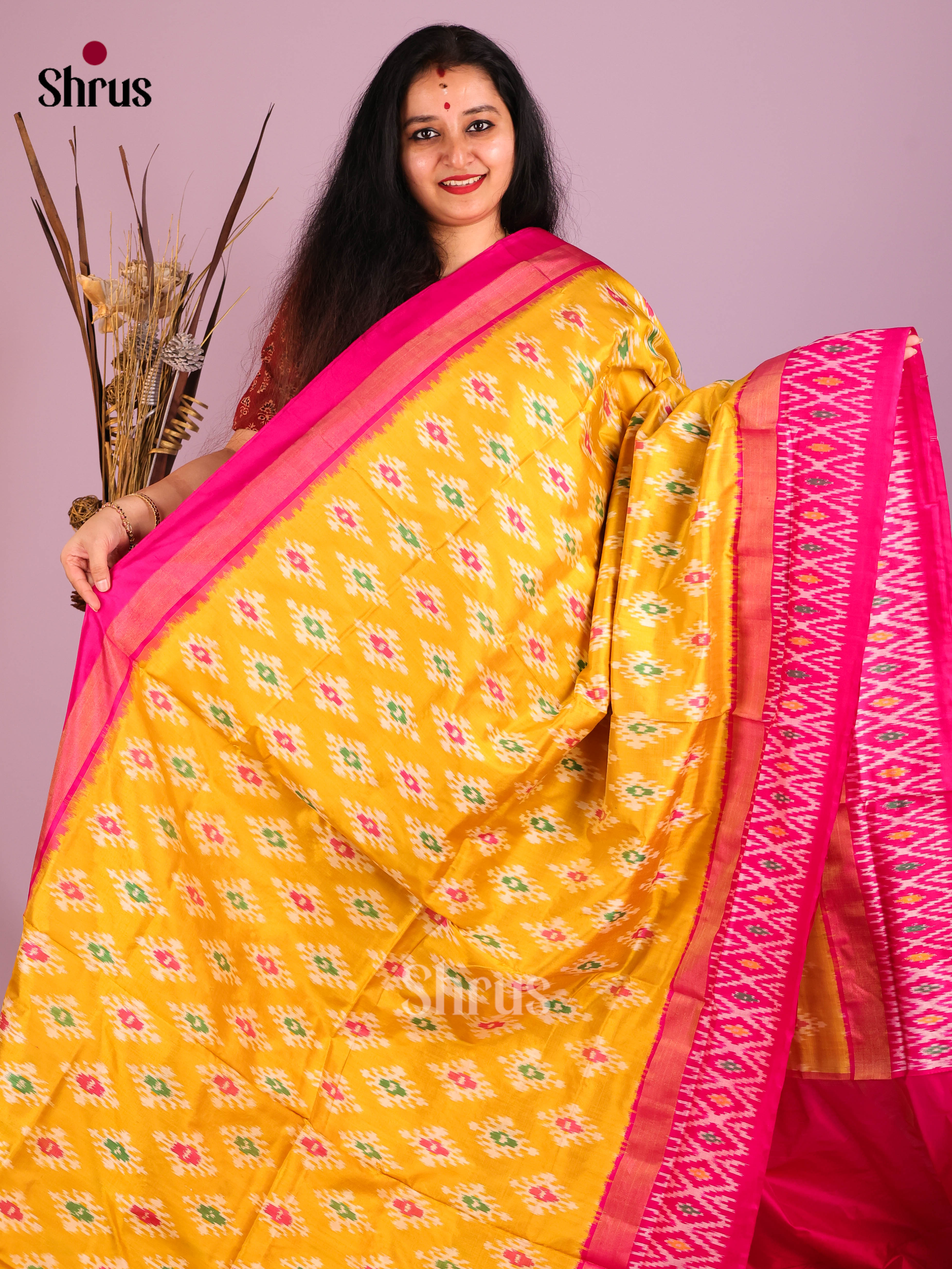 Yellow & Pink - Ikkat Silk Saree