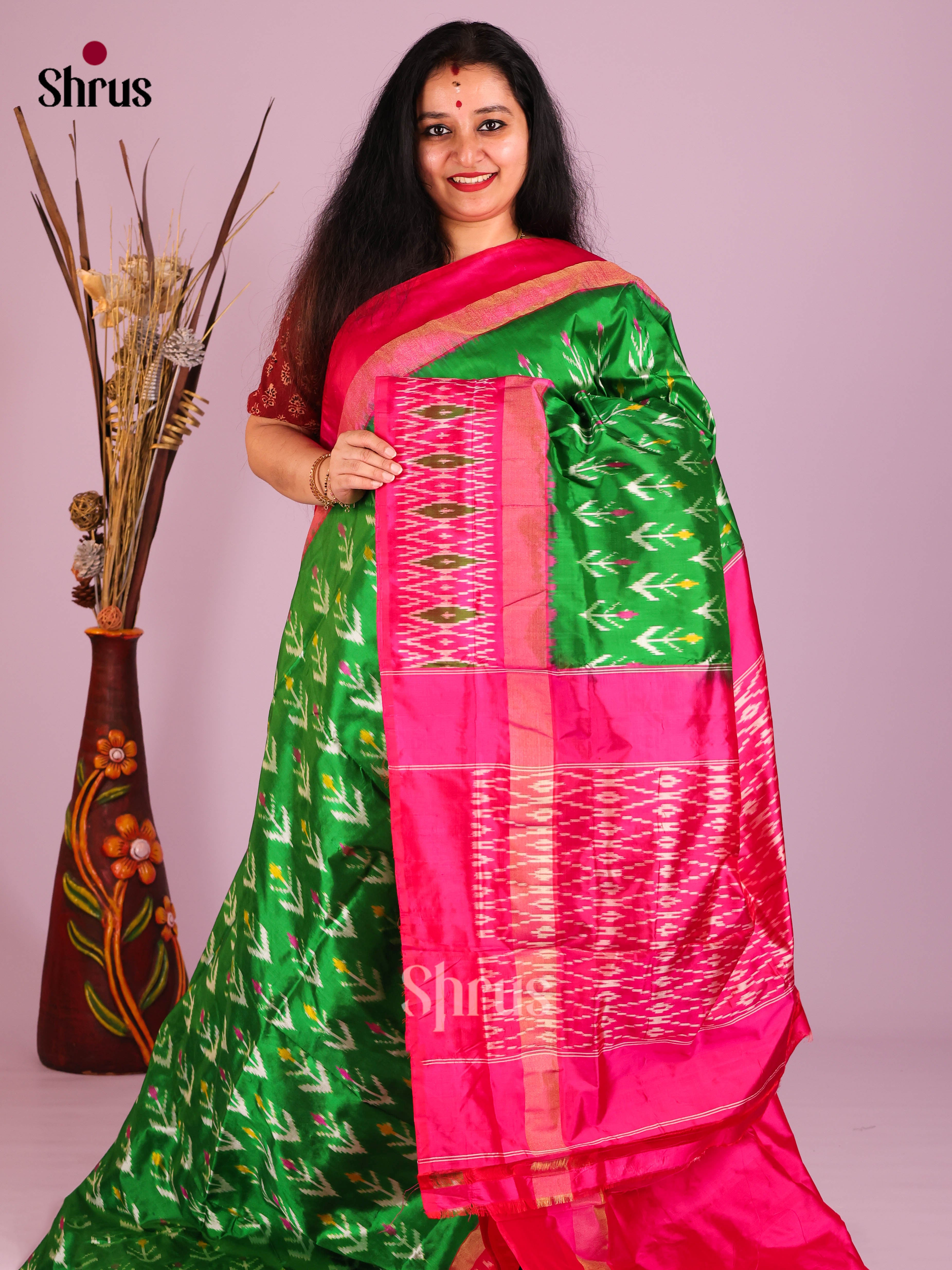 Green & Pink - Ikkat Silk Saree - Shop on Shrus.com