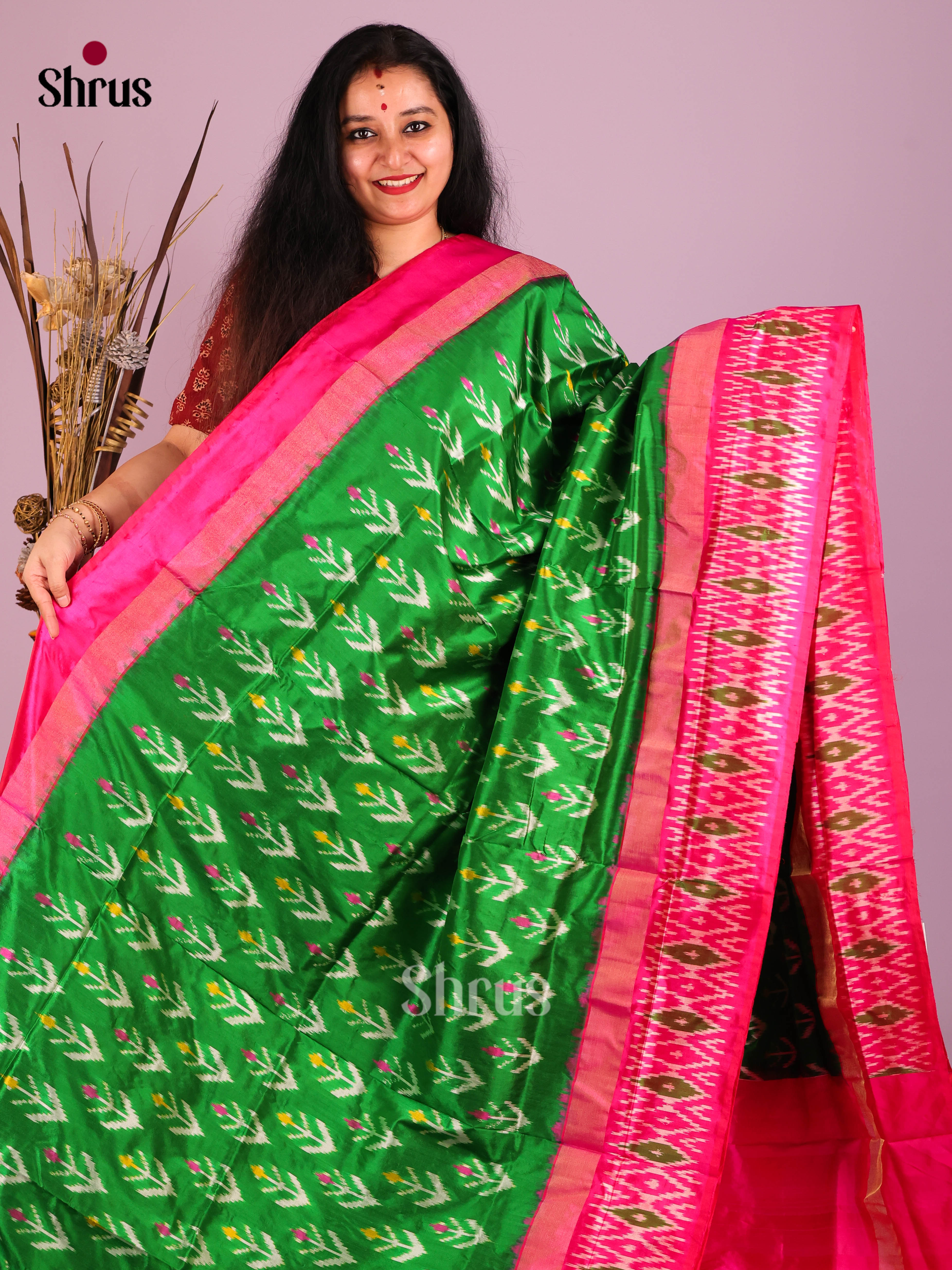 Green & Pink - Ikkat Silk Saree - Shop on Shrus.com