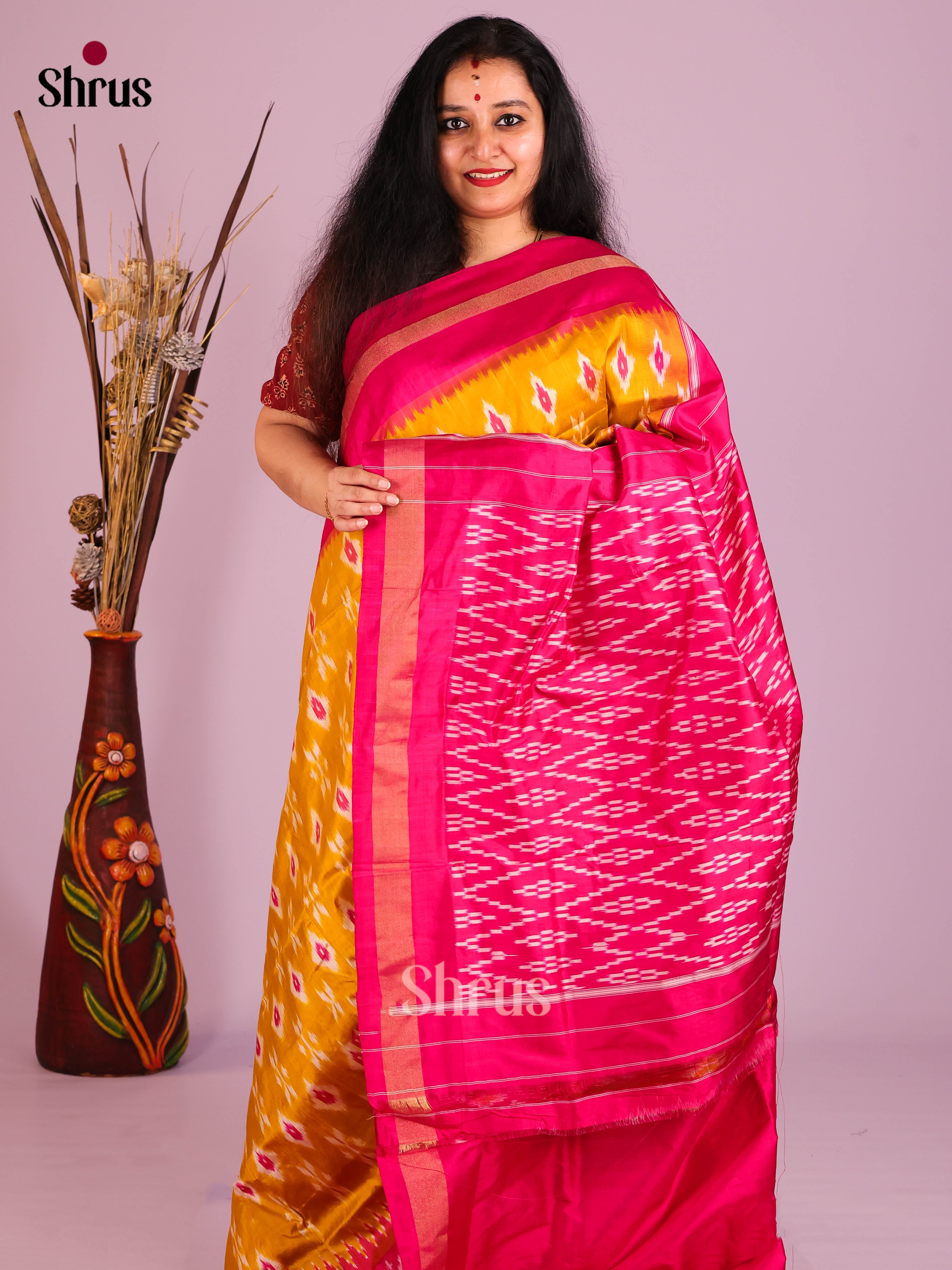 Mustard & Pink - Ikkat Silk Saree - Shop on Shrus.com