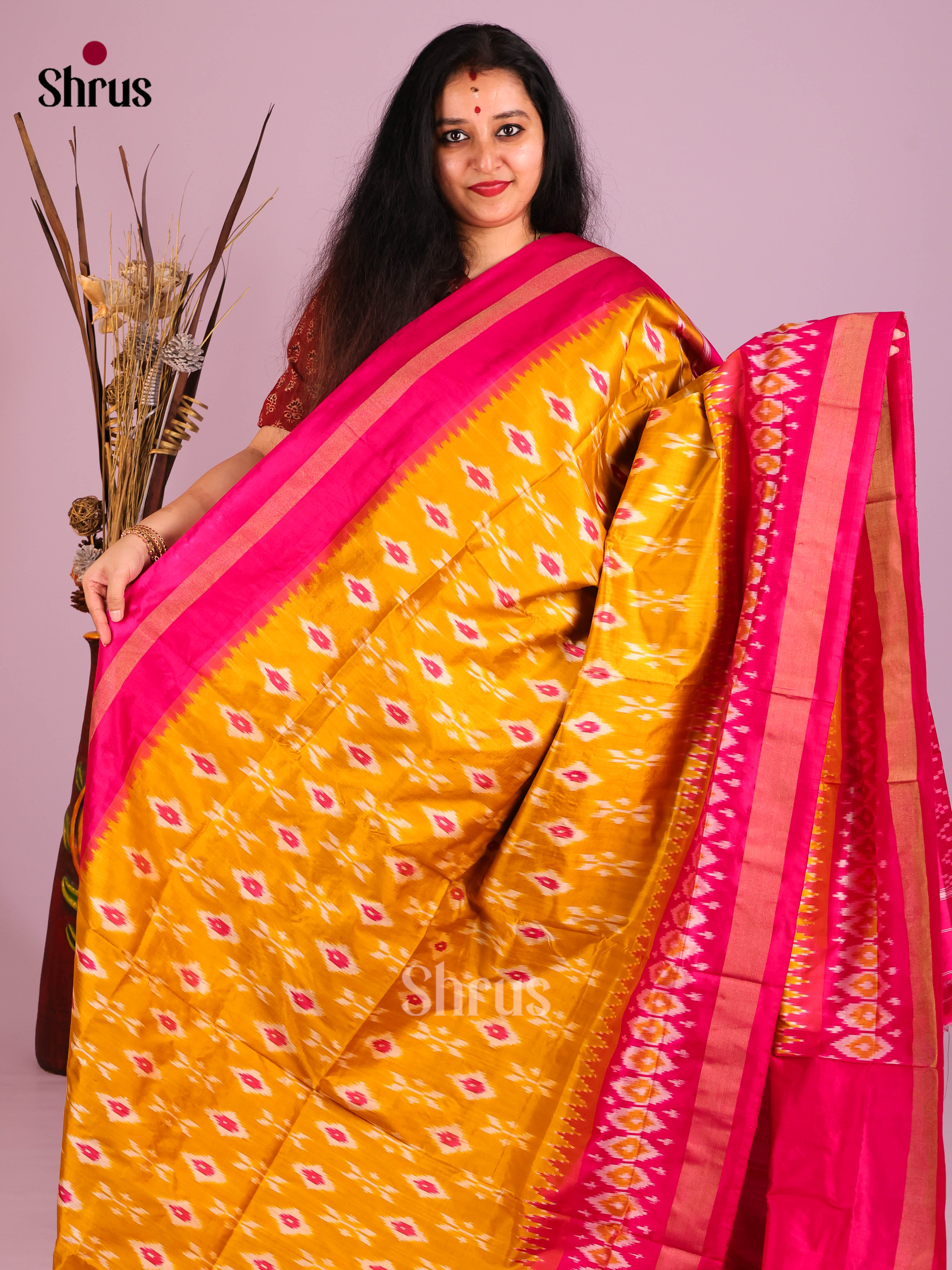 Mustard & Pink - Ikkat Silk Saree - Shop on Shrus.com