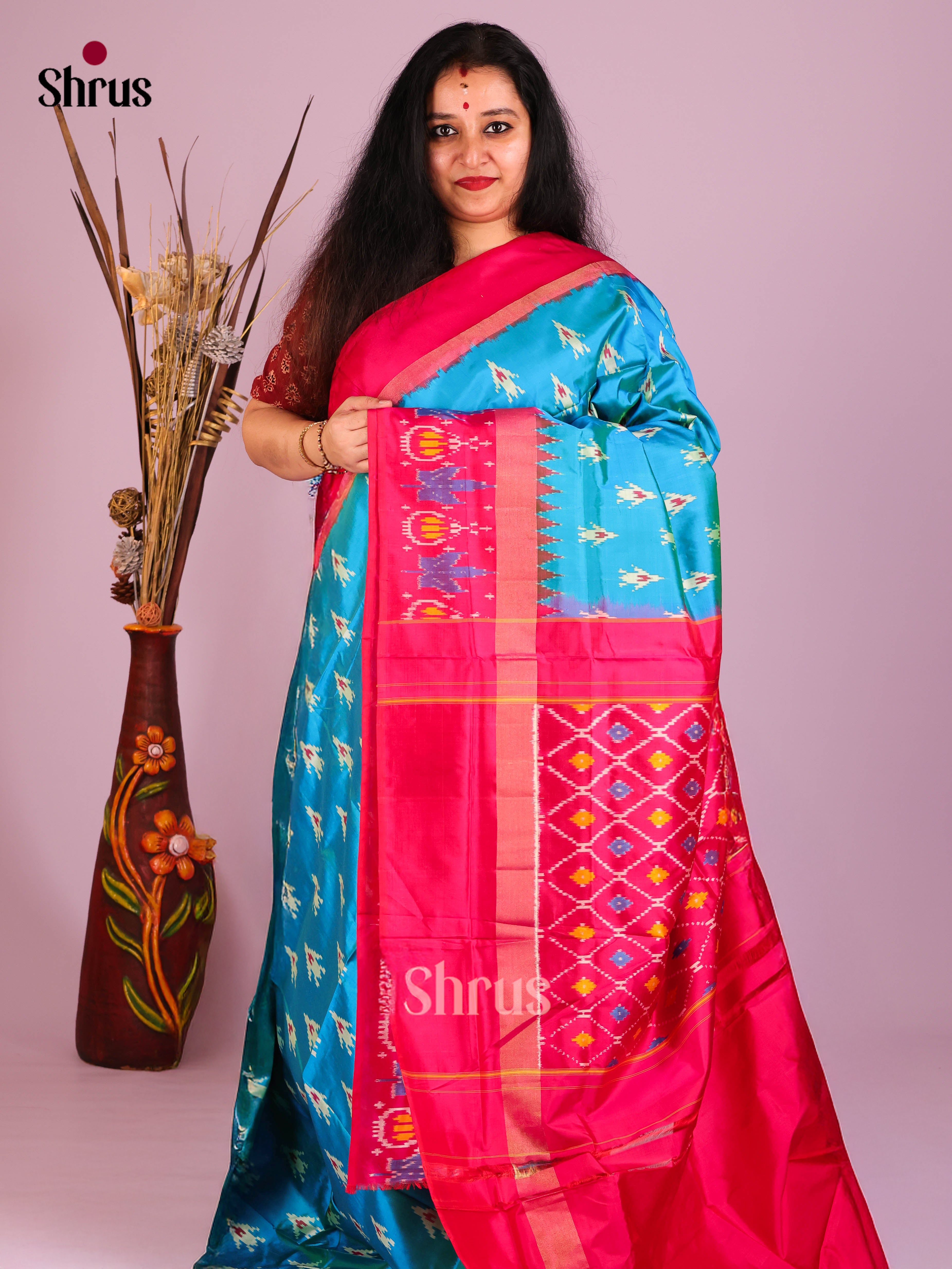 Blue & Reddish Pink - Ikkat Silk Saree