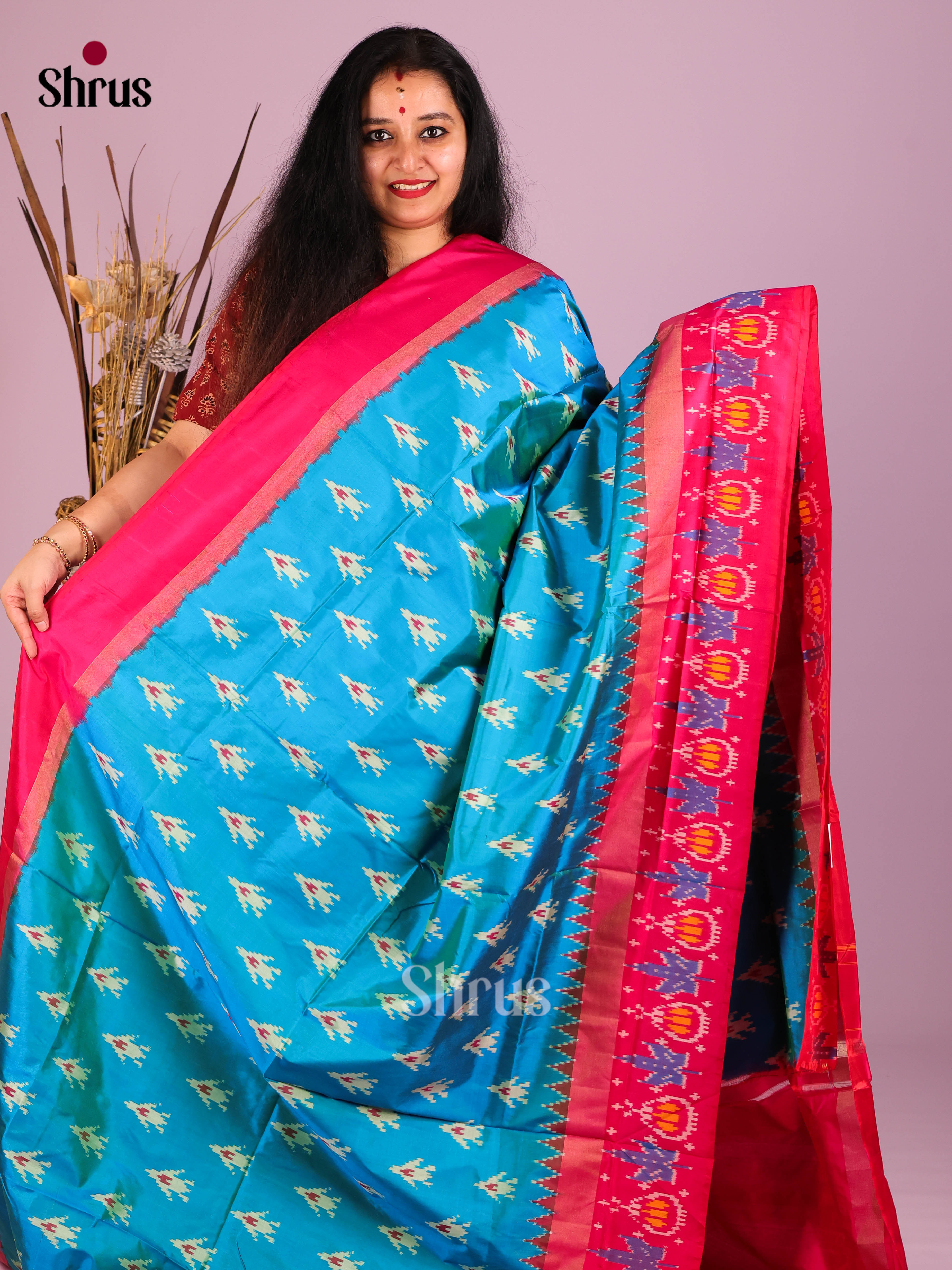 Blue & Reddish Pink - Ikkat Silk Saree