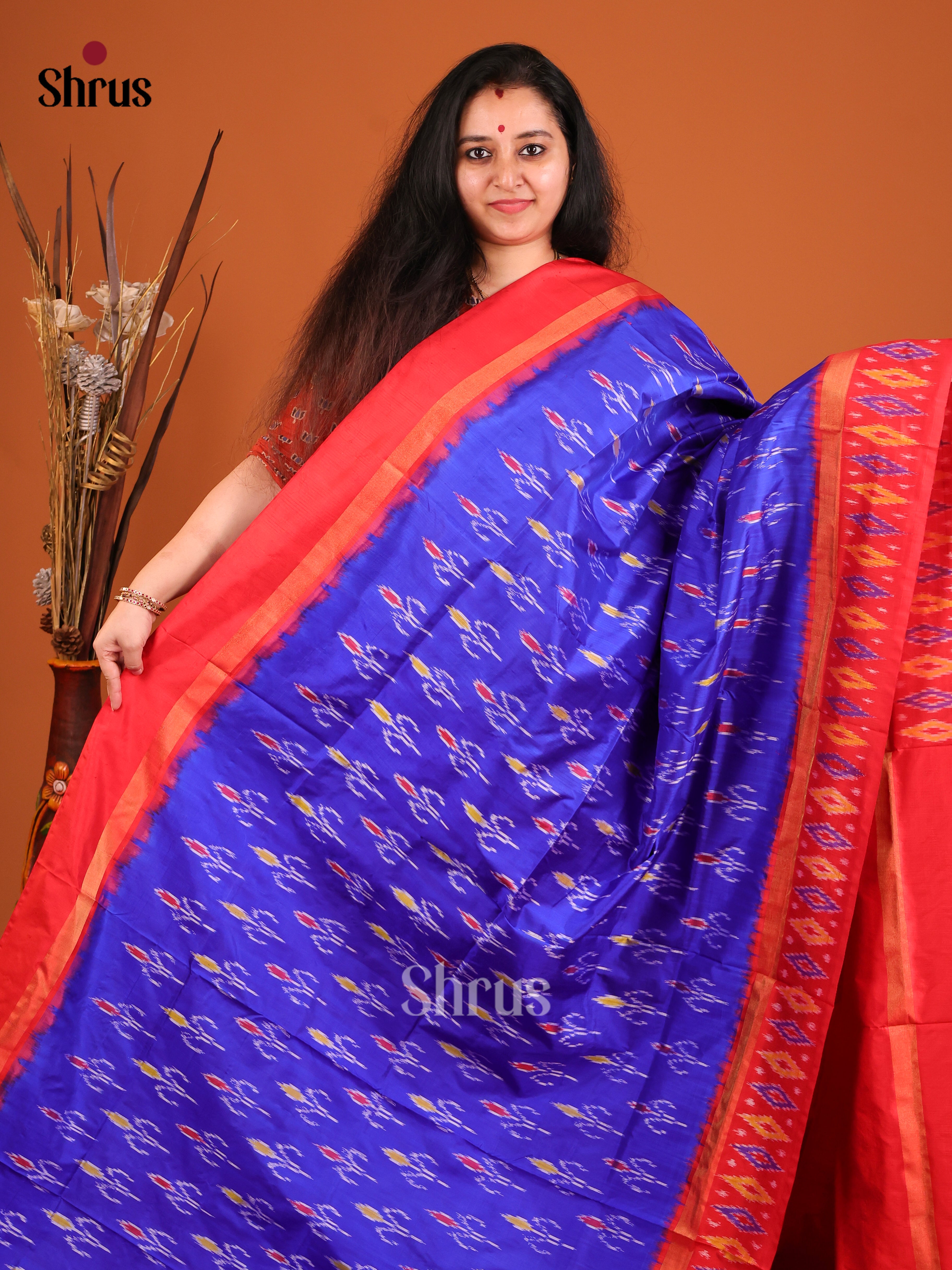 Blue & Red - Ikkat Silk Saree