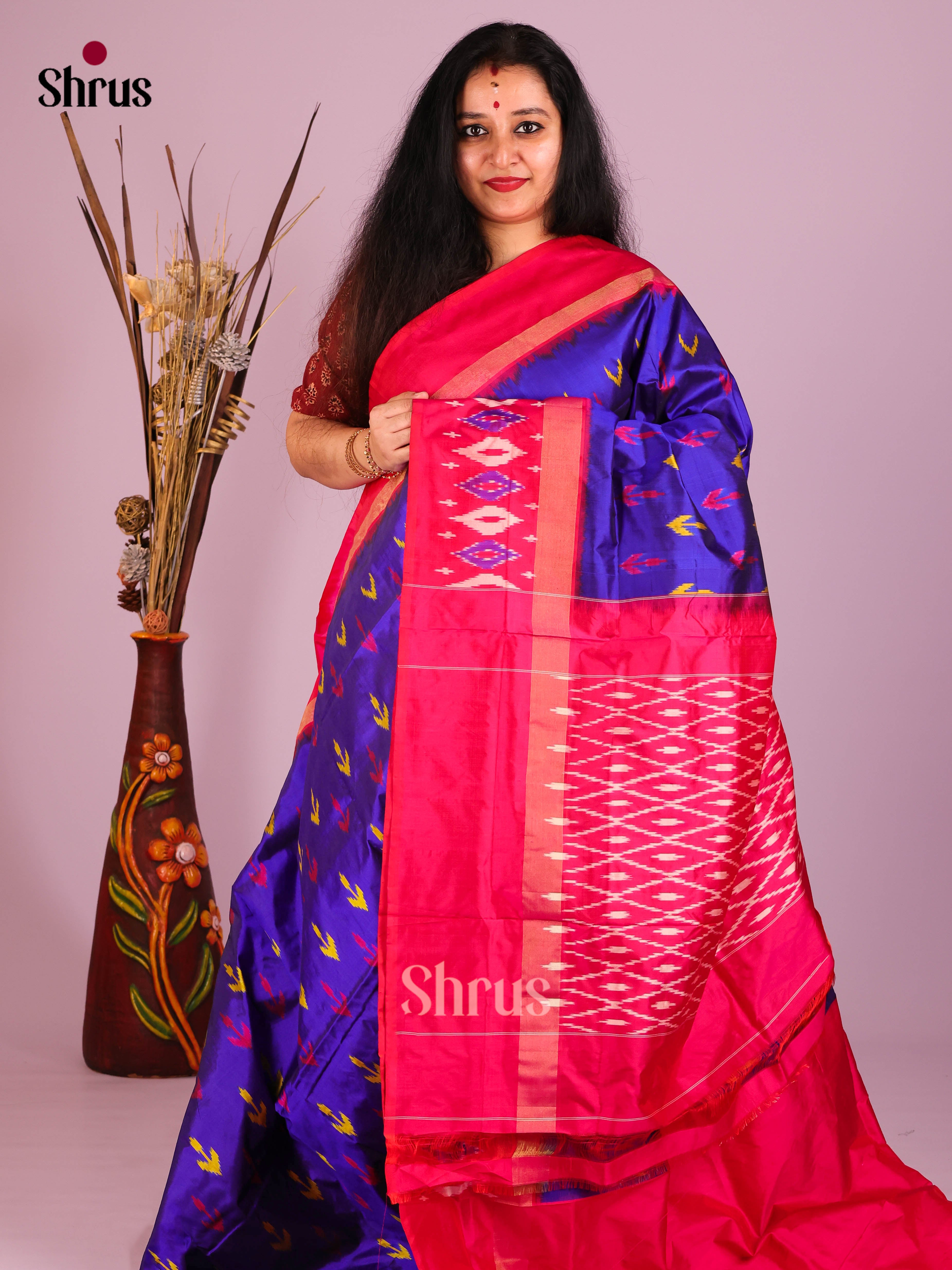 Blue & Red - Ikkat Silk Saree