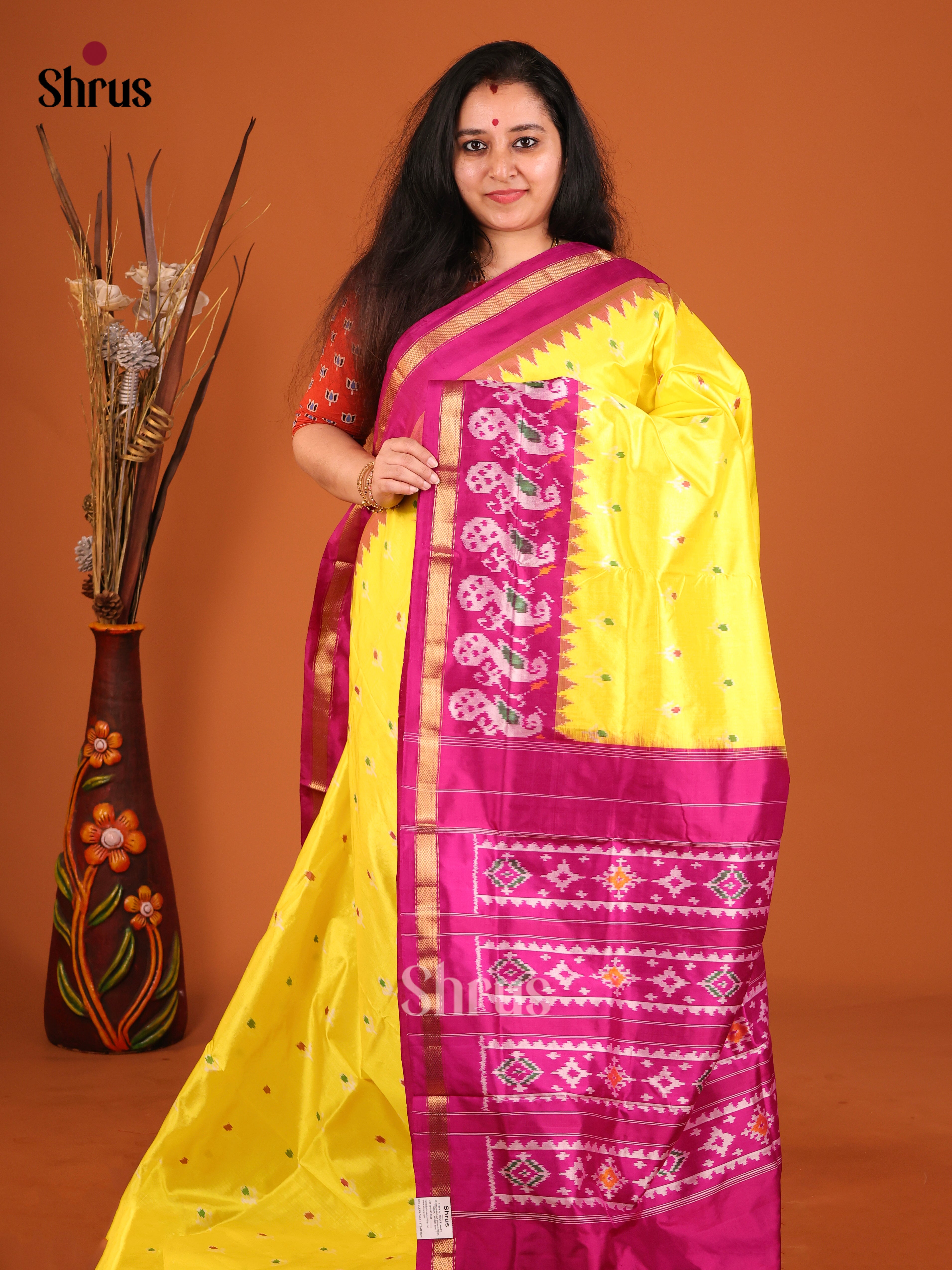 Yellow & Purple - Ikkat Silk Saree