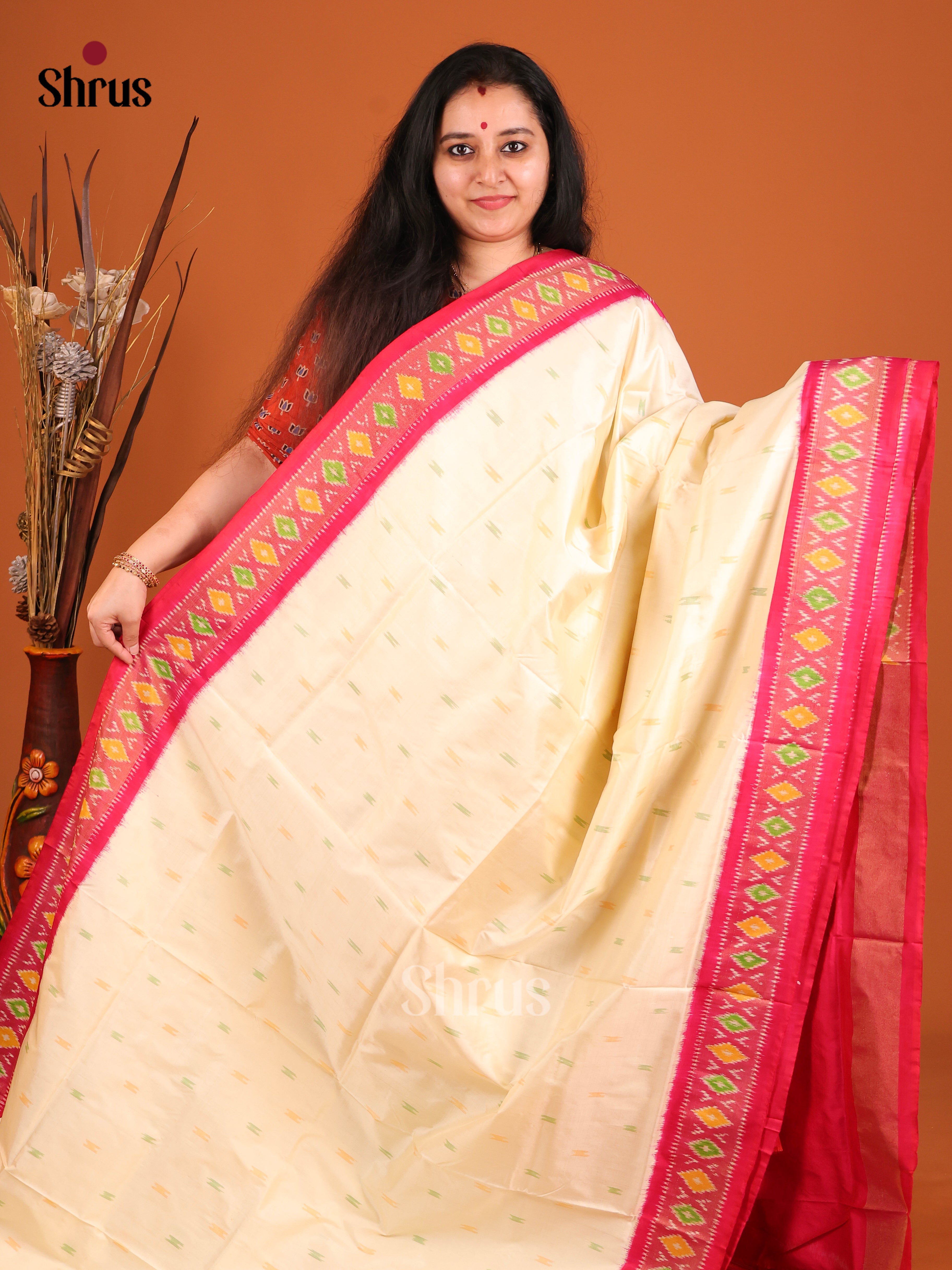 Cream & Maroon - Ikkat Silk Saree