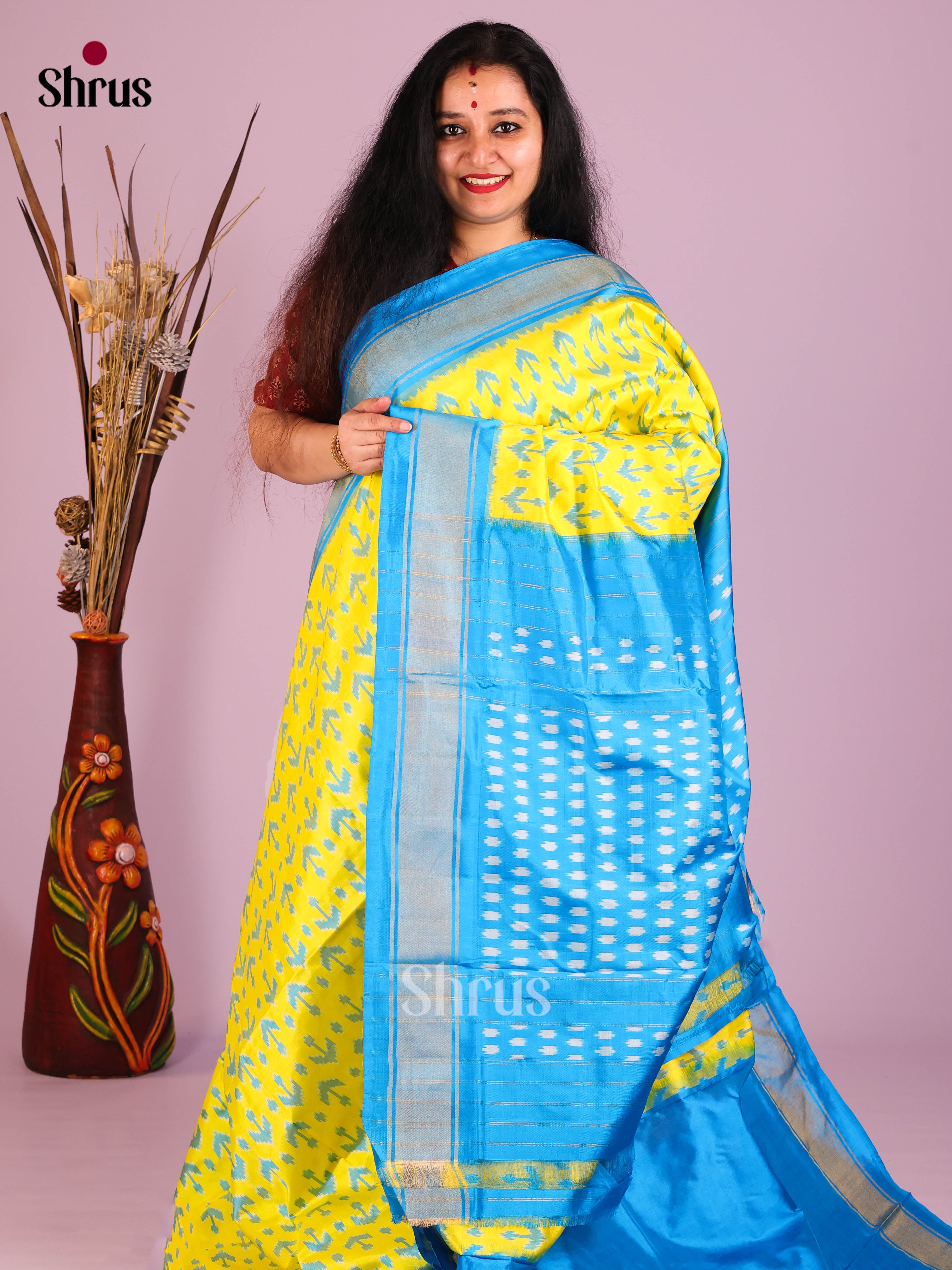 Lemon Yellow & Blue - Ikkat Silk Saree - Shop on Shrus.com
