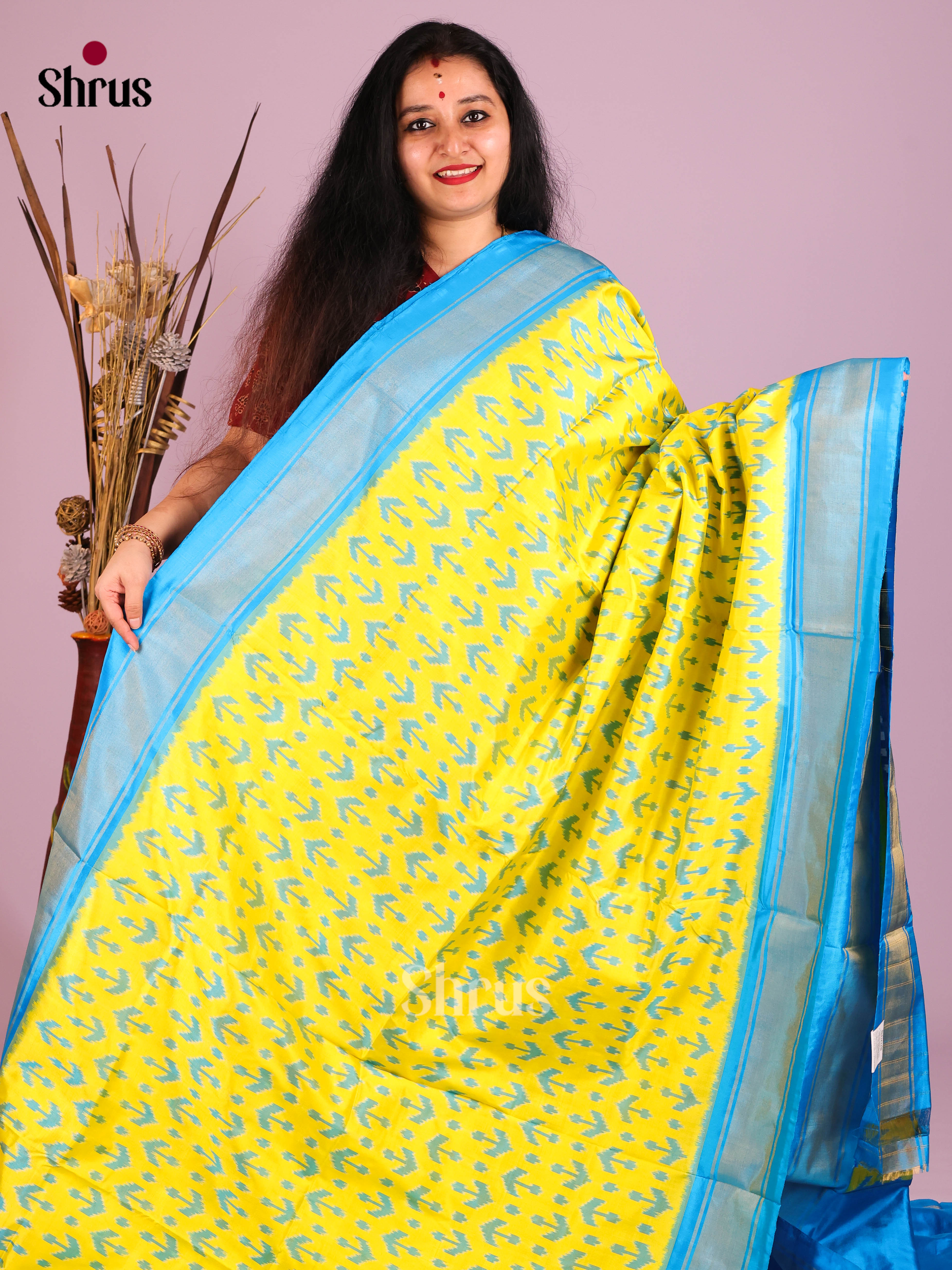 Lemon Yellow & Blue - Ikkat Silk Saree - Shop on Shrus.com