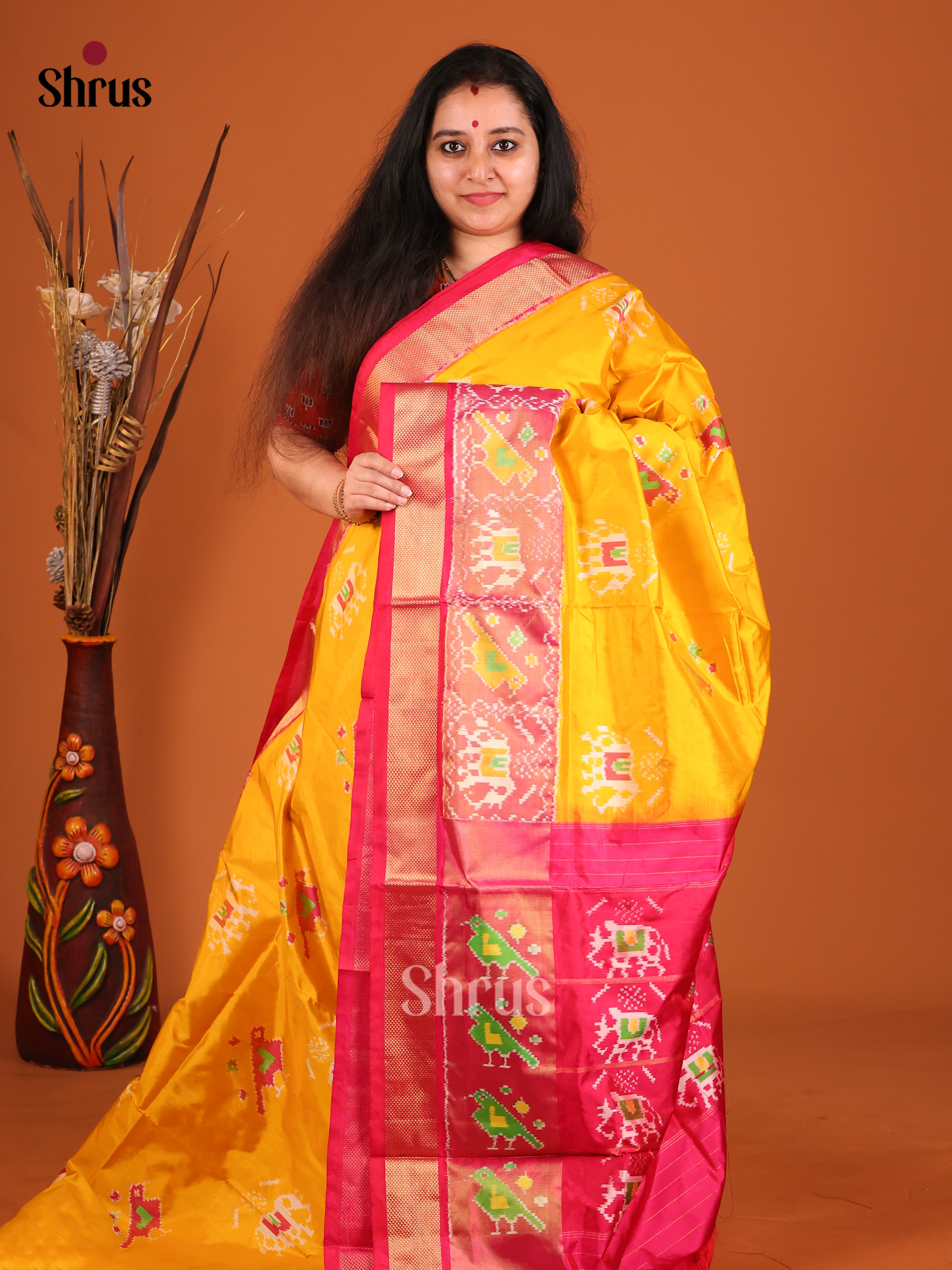 Yellow & Pink - Ikkat Silk Saree