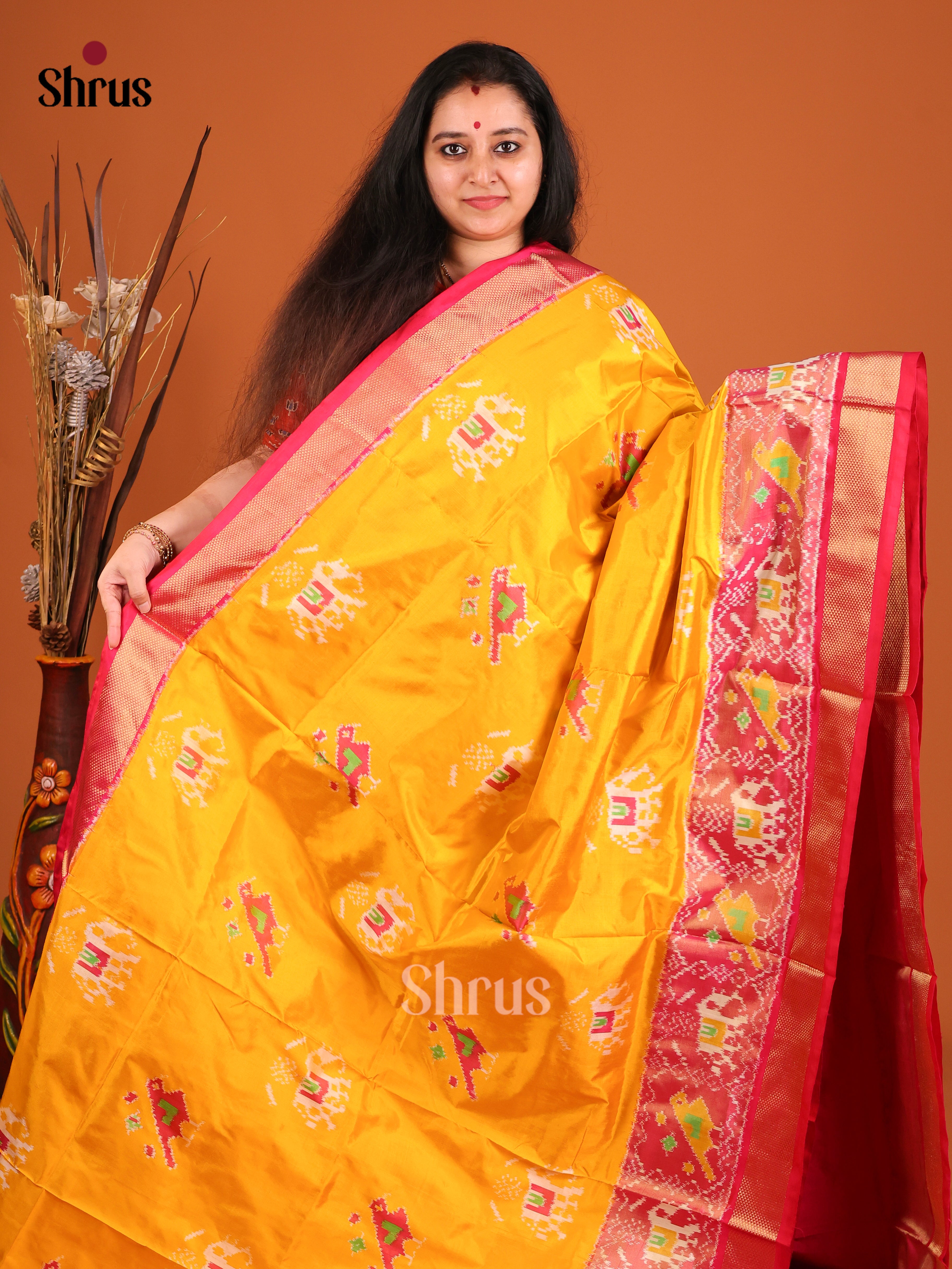 Yellow & Pink - Ikkat Silk Saree