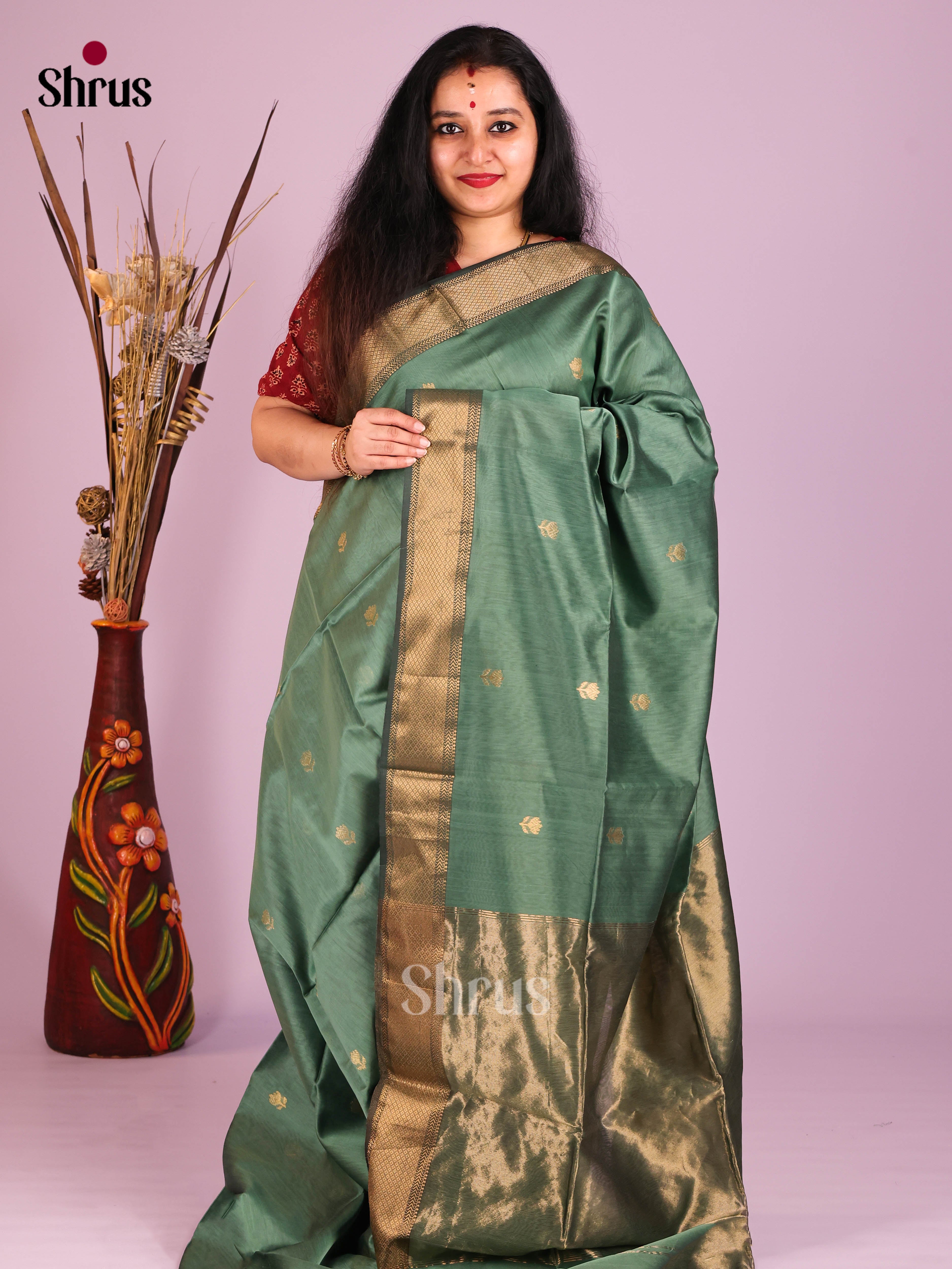 Grey Green(Single Tone) - Maheshwari silkcotton Saree - Shop on Shrus.com