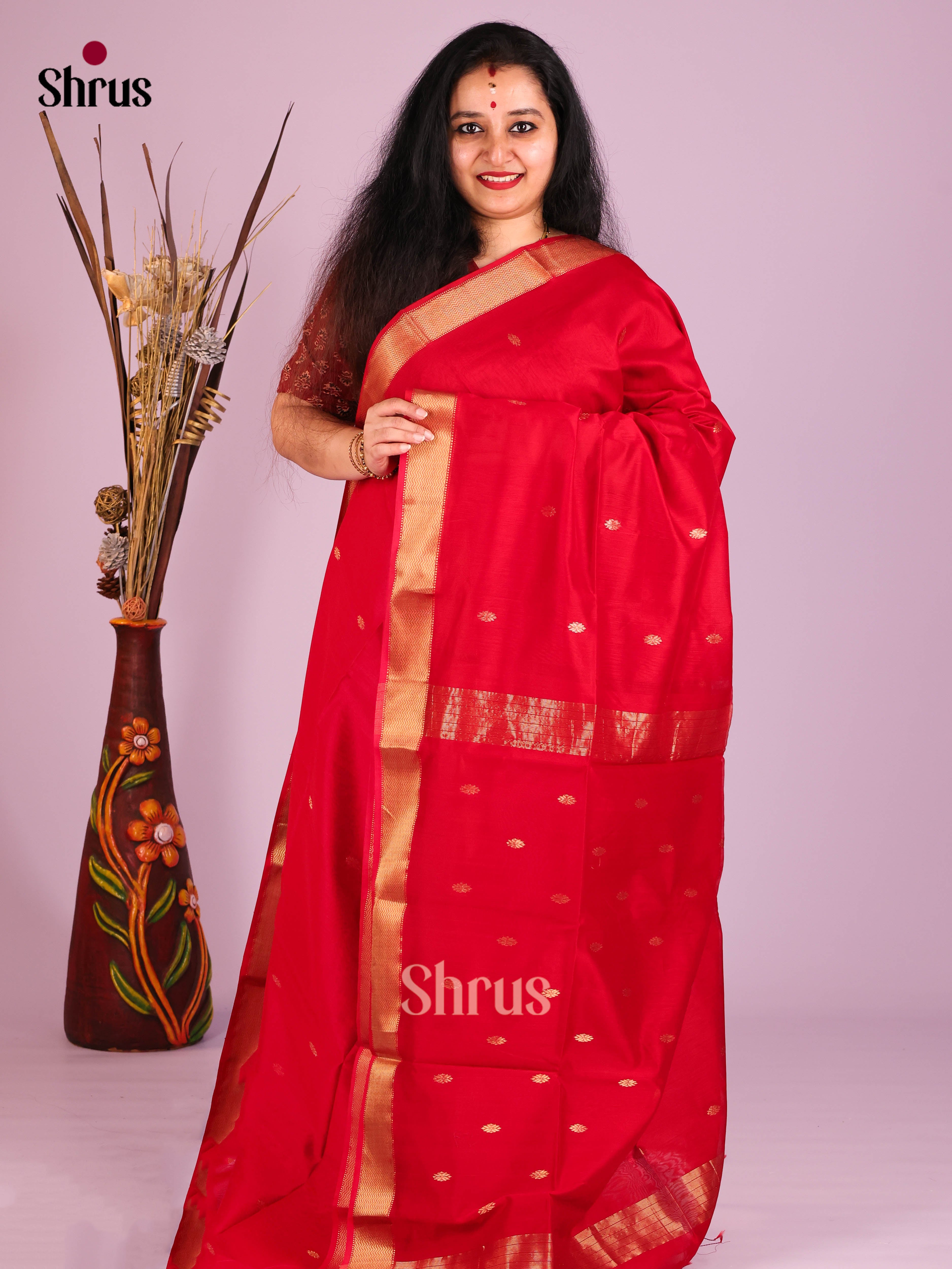 Red(single Tone) - Maheshwari silkcotton Saree