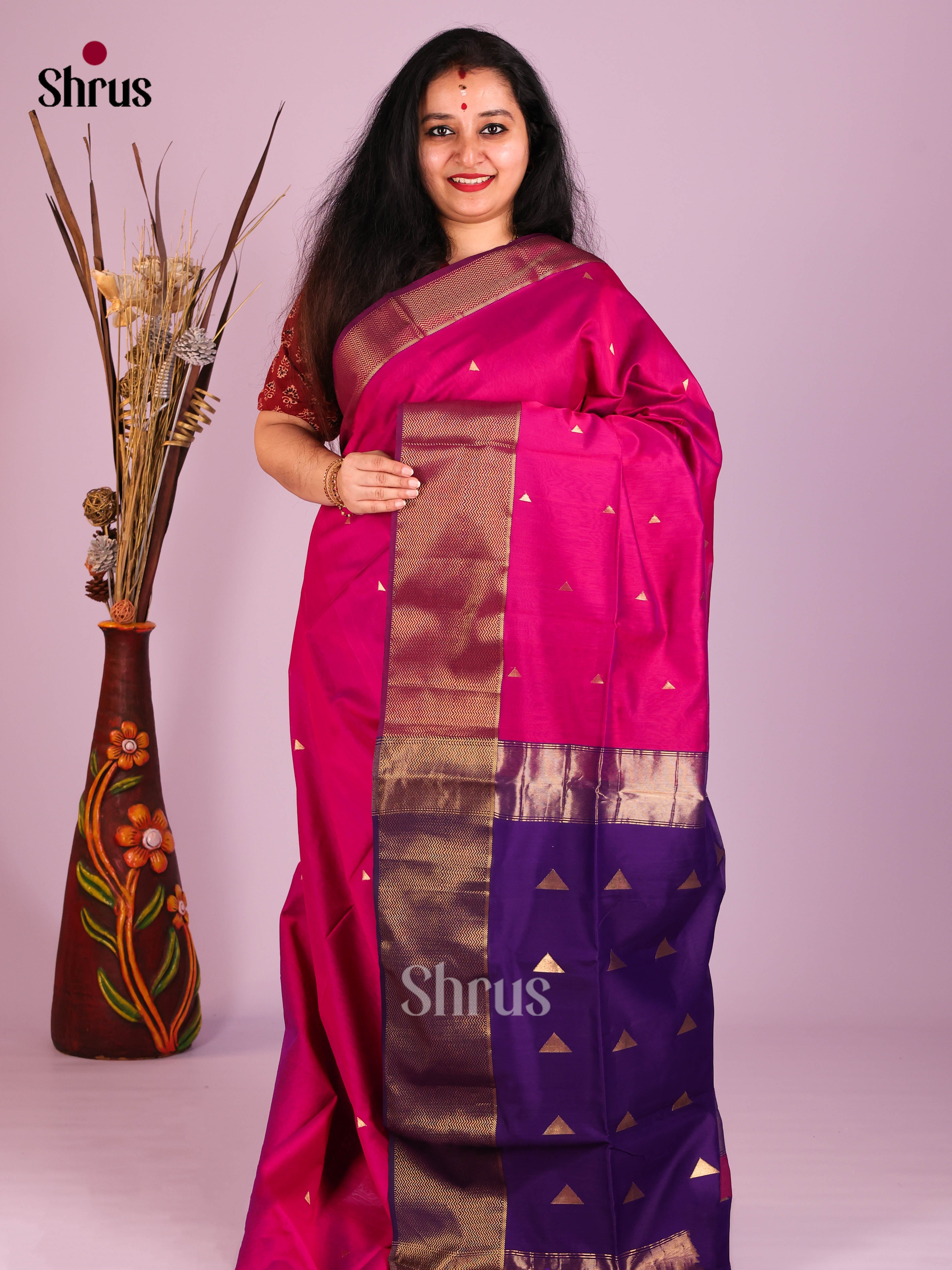 Pink & Violet - Maheshwari silkcotton Saree - Shop on Shrus.com