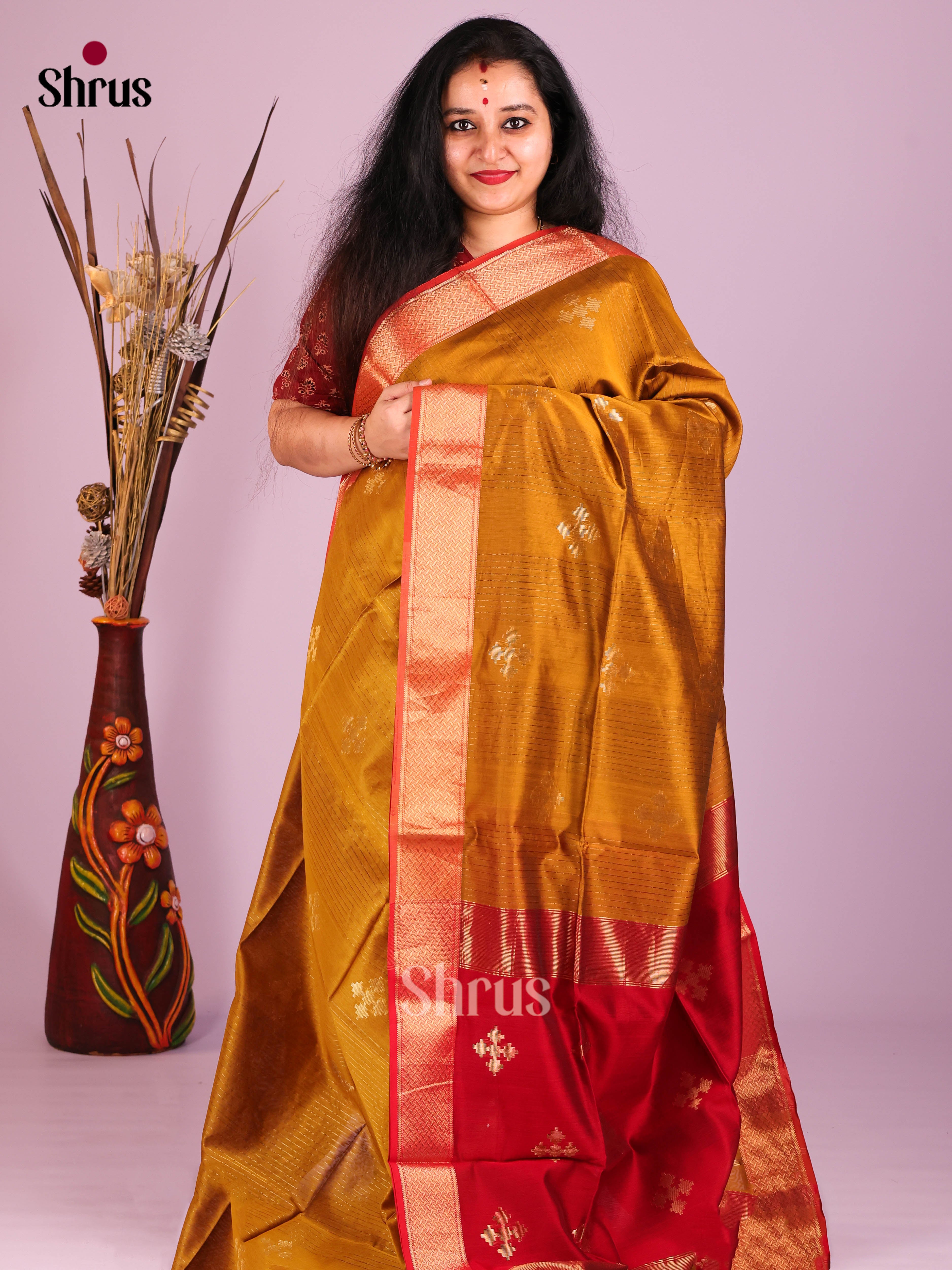 Mustard & Red - Maheshwari silkcotton Saree - Shop on Shrus.com