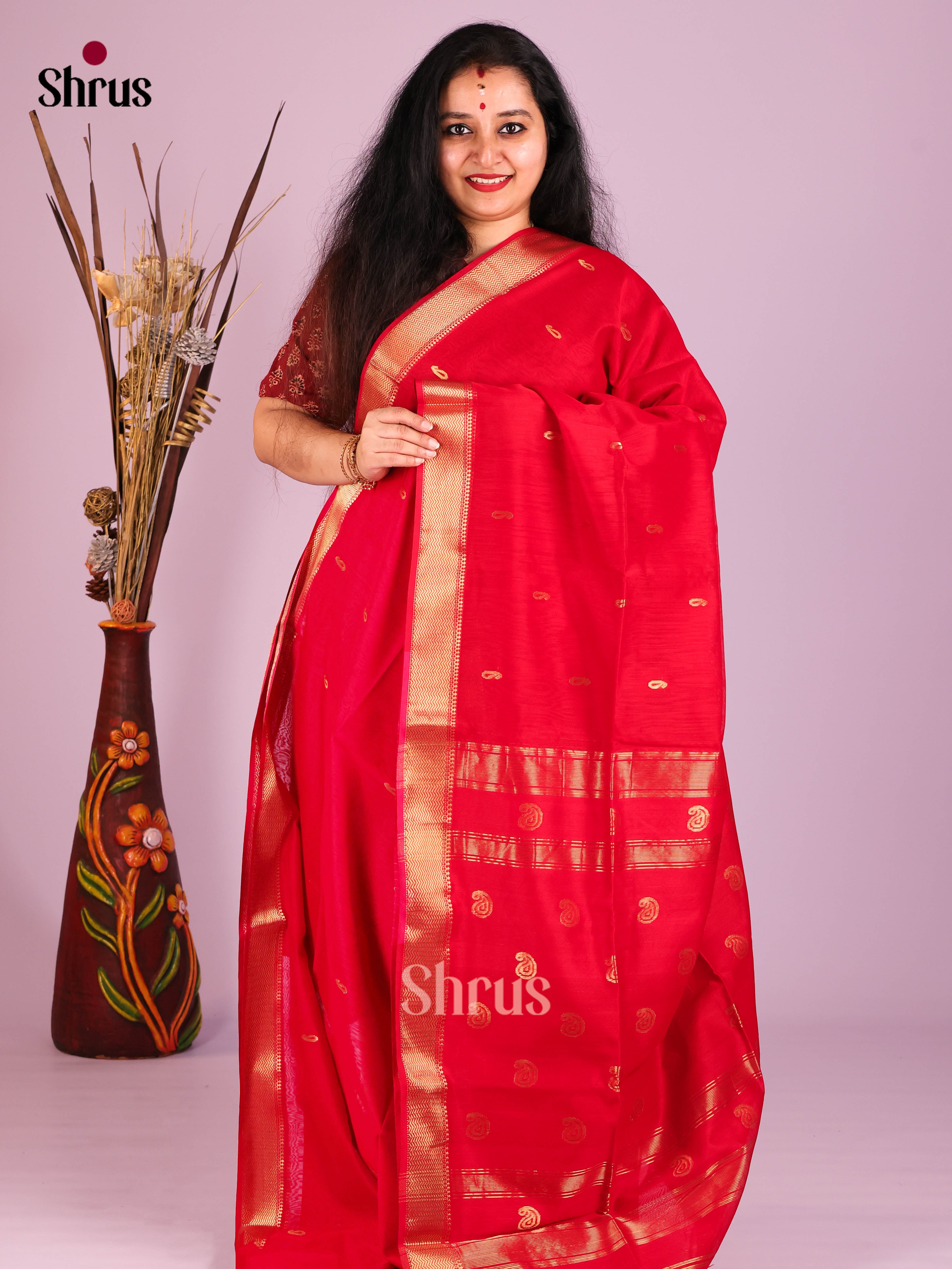 Red(Single Tone)- Maheshwari silkcotton Saree