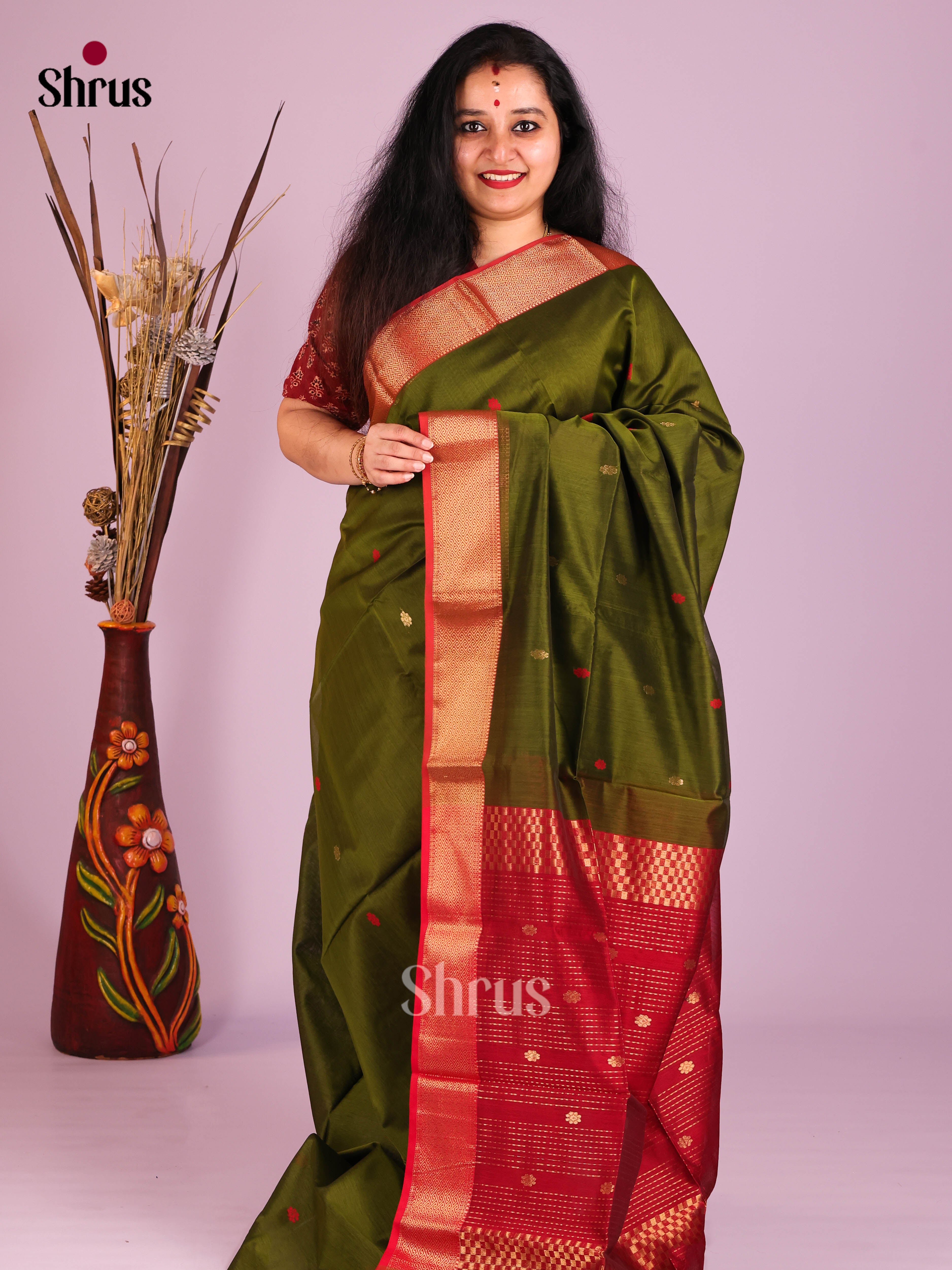 Mehandi Green & Red- Maheshwari silkcotton Saree - Shop on Shrus.com