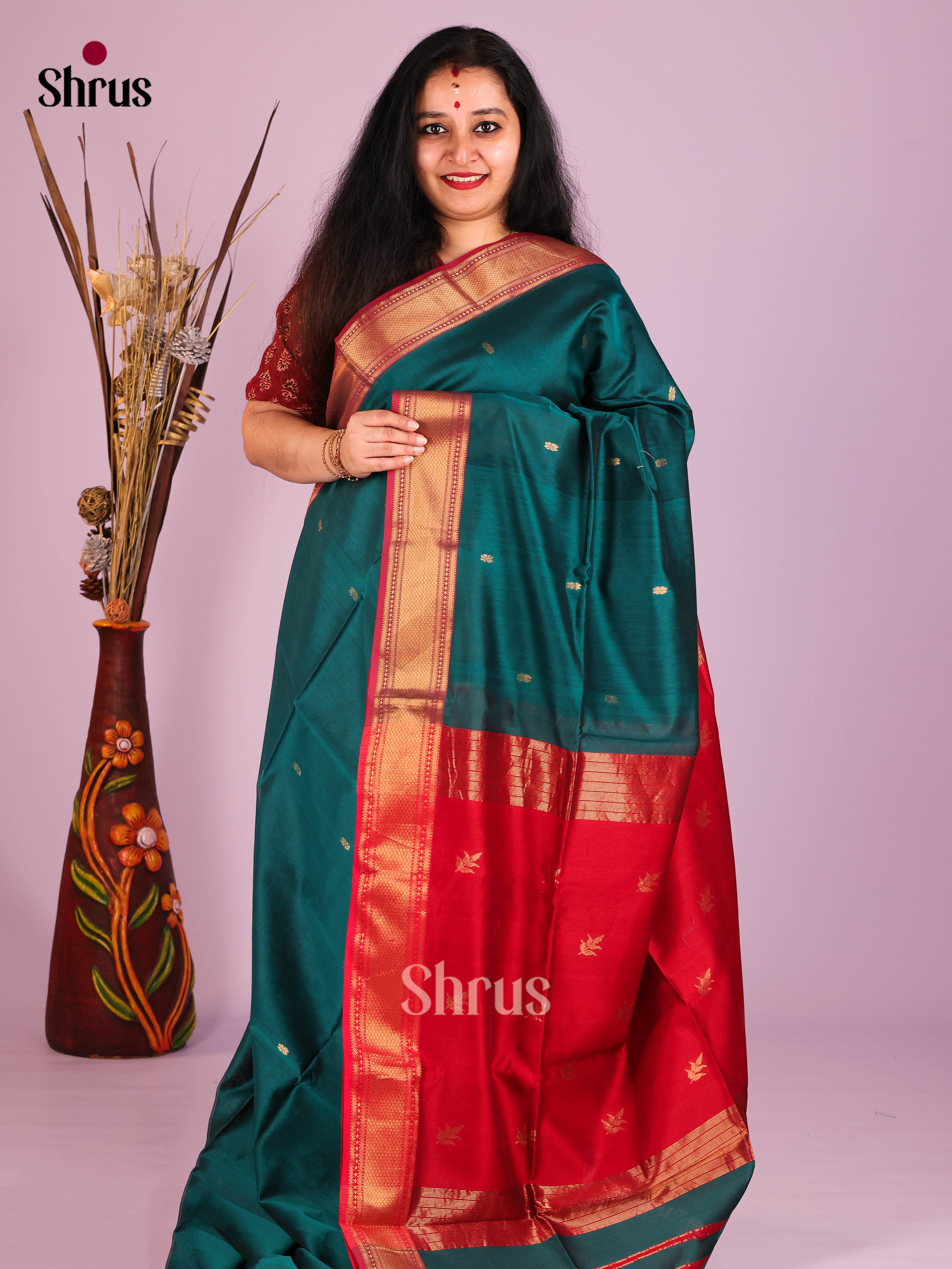 Peacock Blue & Red - Maheshwari silkcotton Saree - Shop on Shrus.com