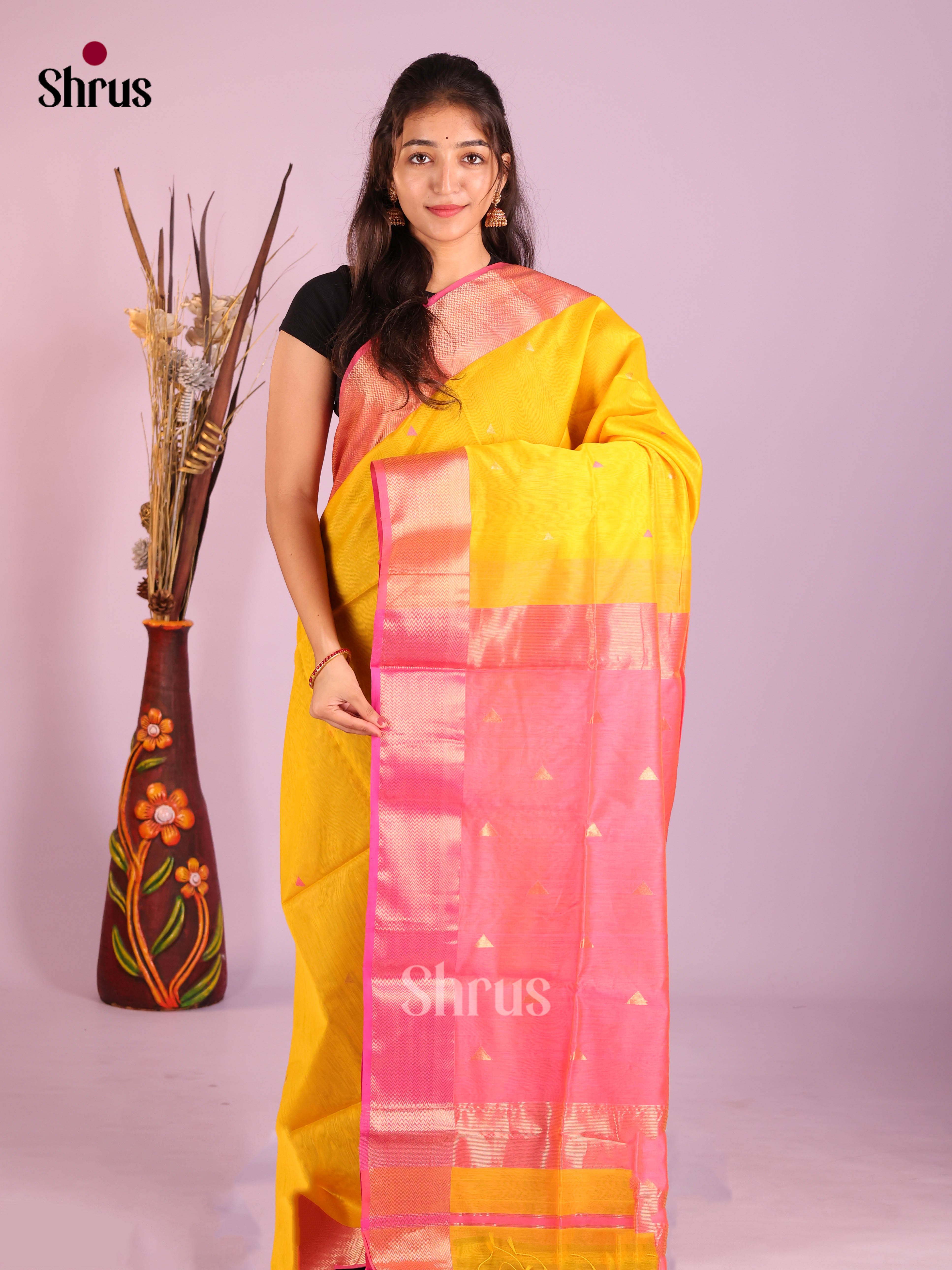Radiant Yellow Maheshwari silk cotton Saree With Gold Buttas & Pink Zari Border