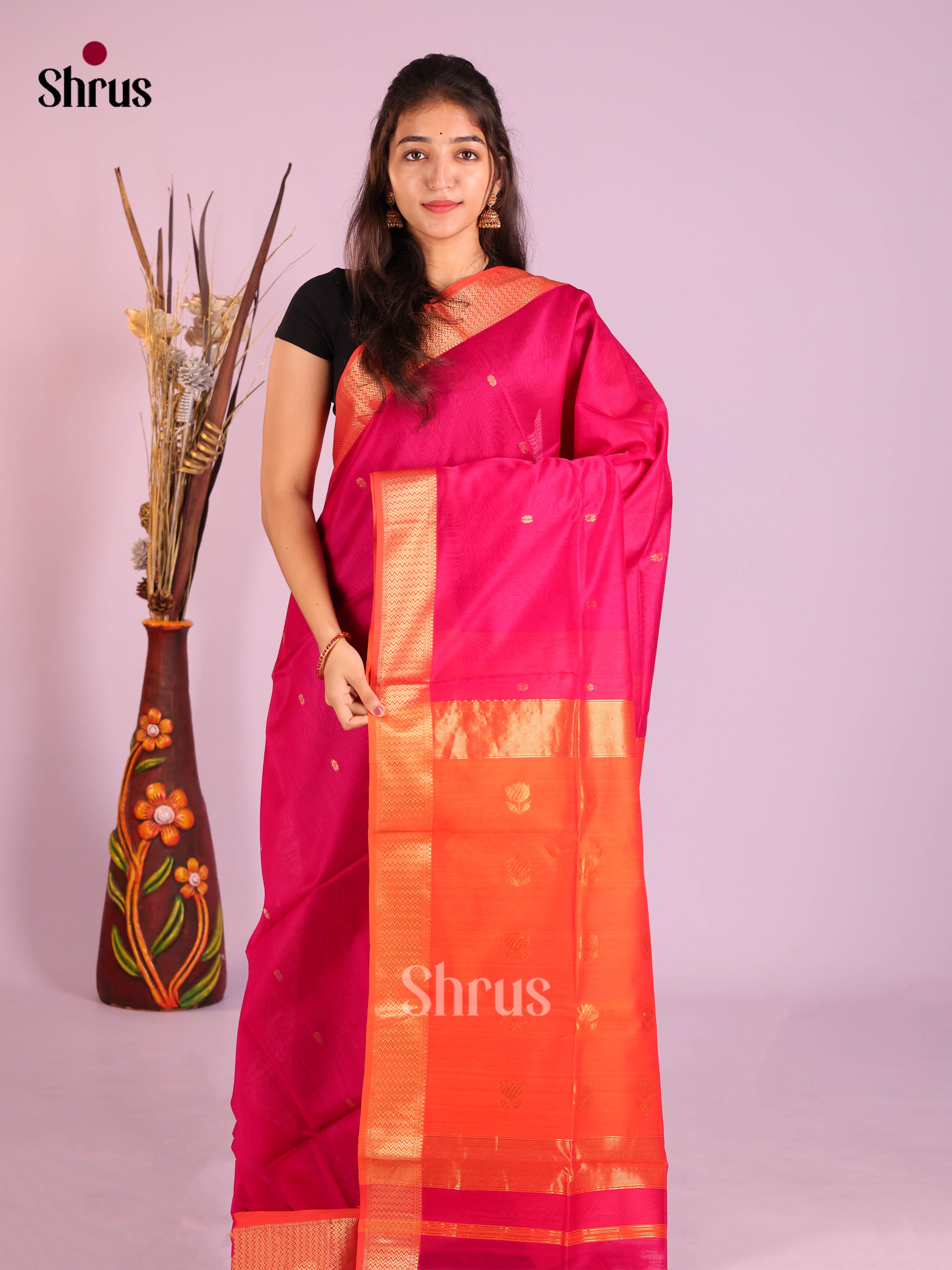Pink & Orange - Maheshwari silkcotton Saree