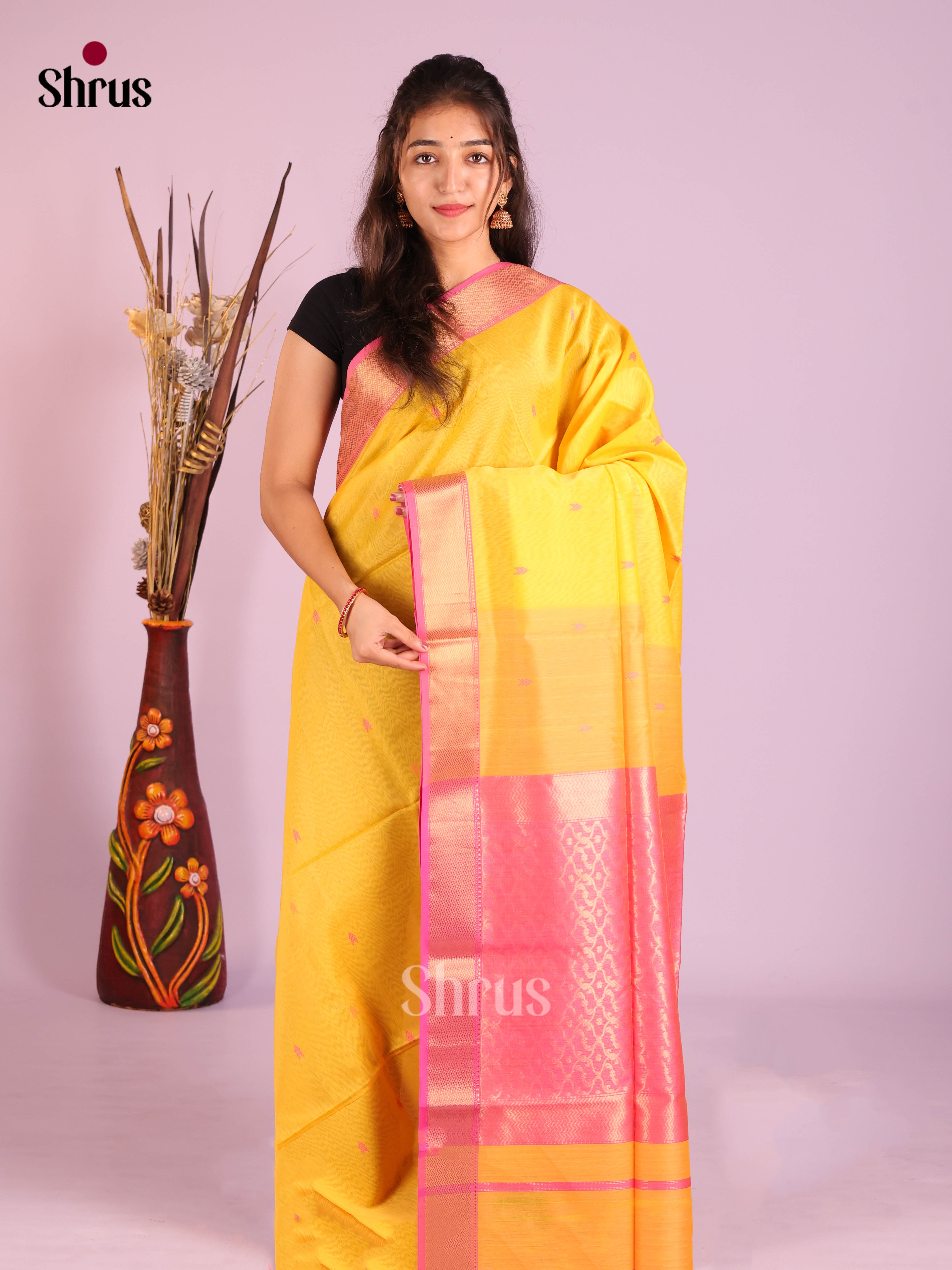 Yellow & Pink - Maheshwari silkcotton Saree