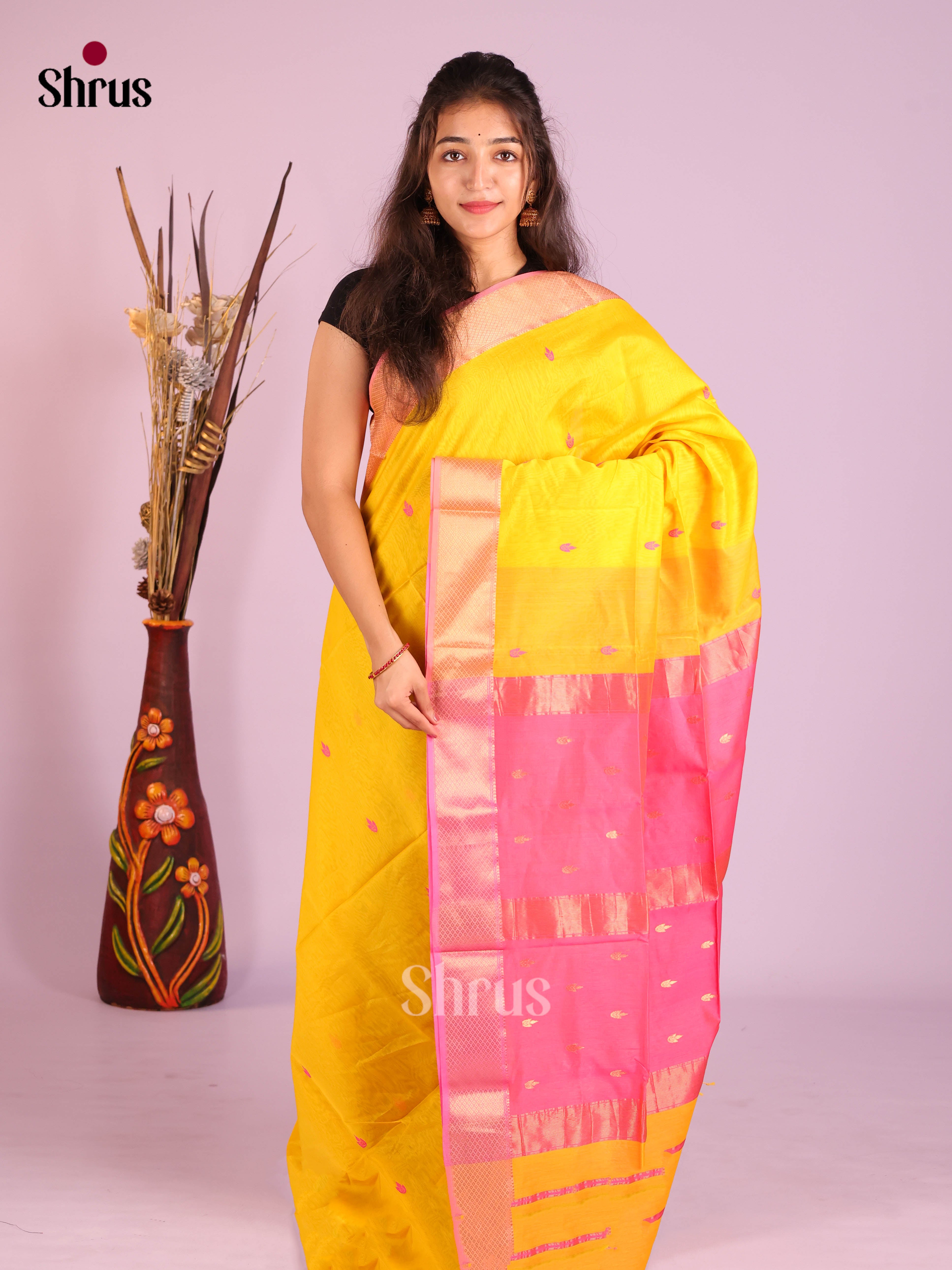 Yellow & Pink - Maheshwari silkcotton Saree