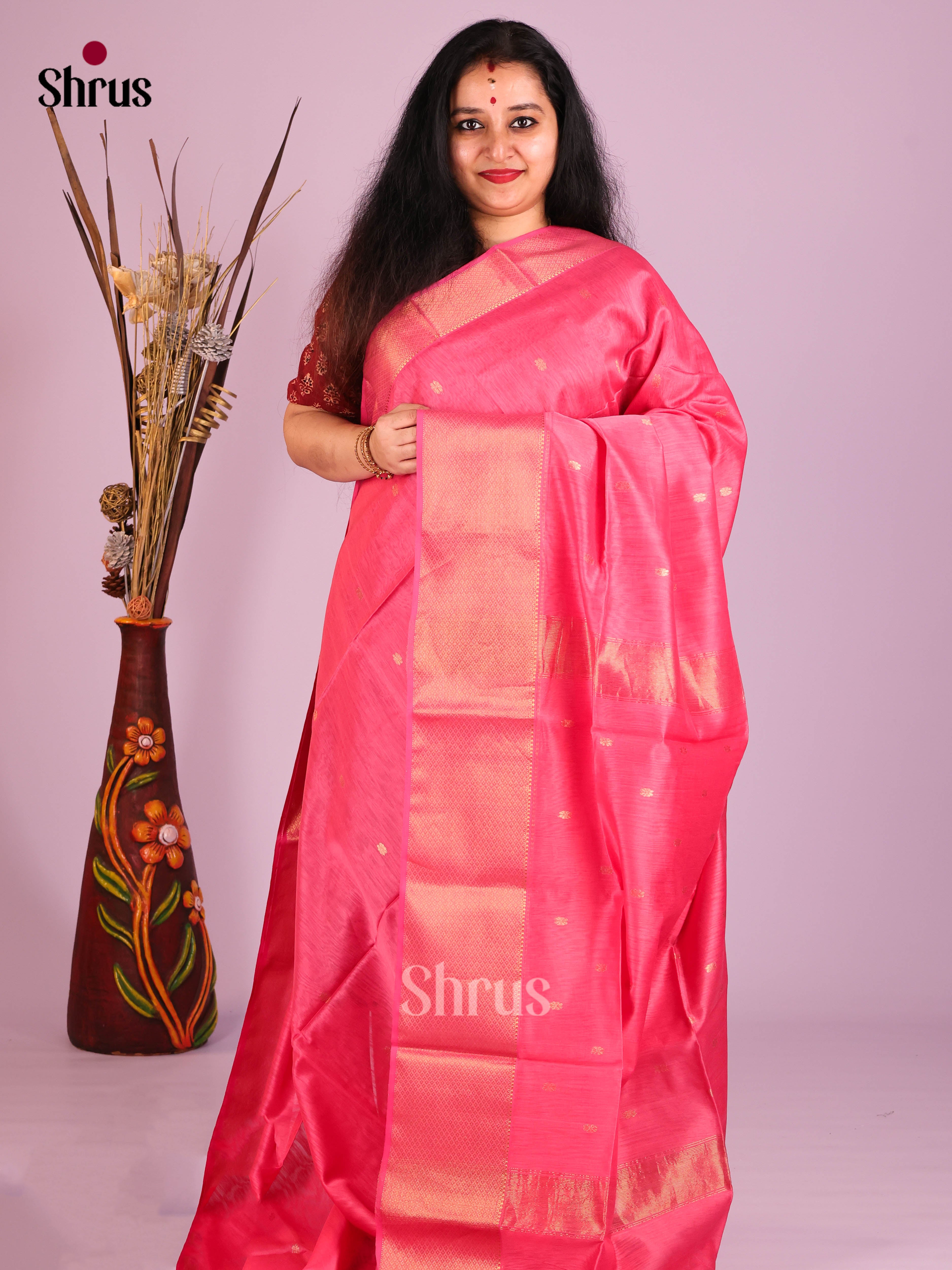 pink(Single Tone) - Maheshwari silkcotton Saree - Shop on Shrus.com