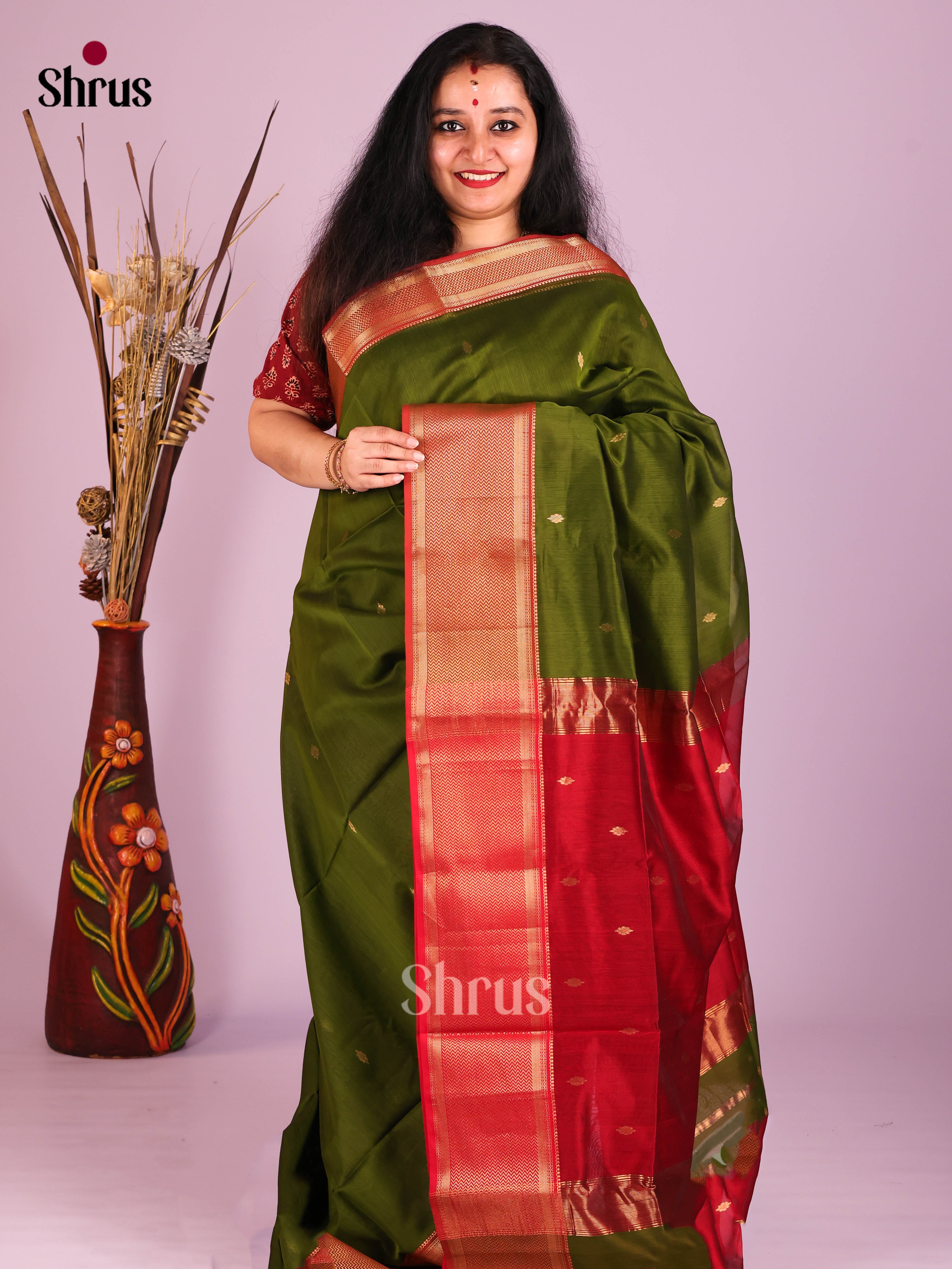 Green & Red - Maheshwari silkcotton Saree - Shop on Shrus.com