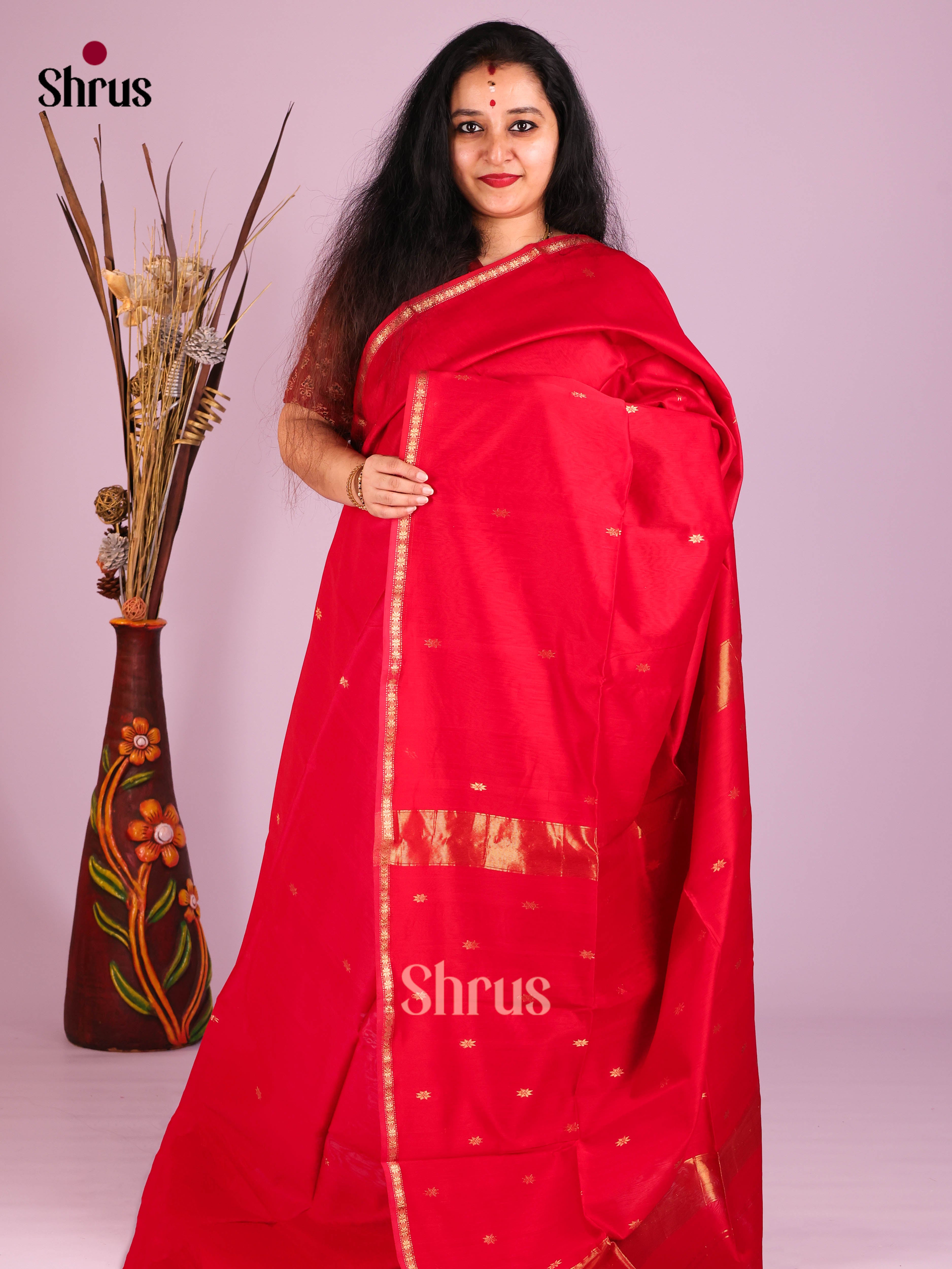 Red(Single Tone) - Maheshwari silkcotton Saree