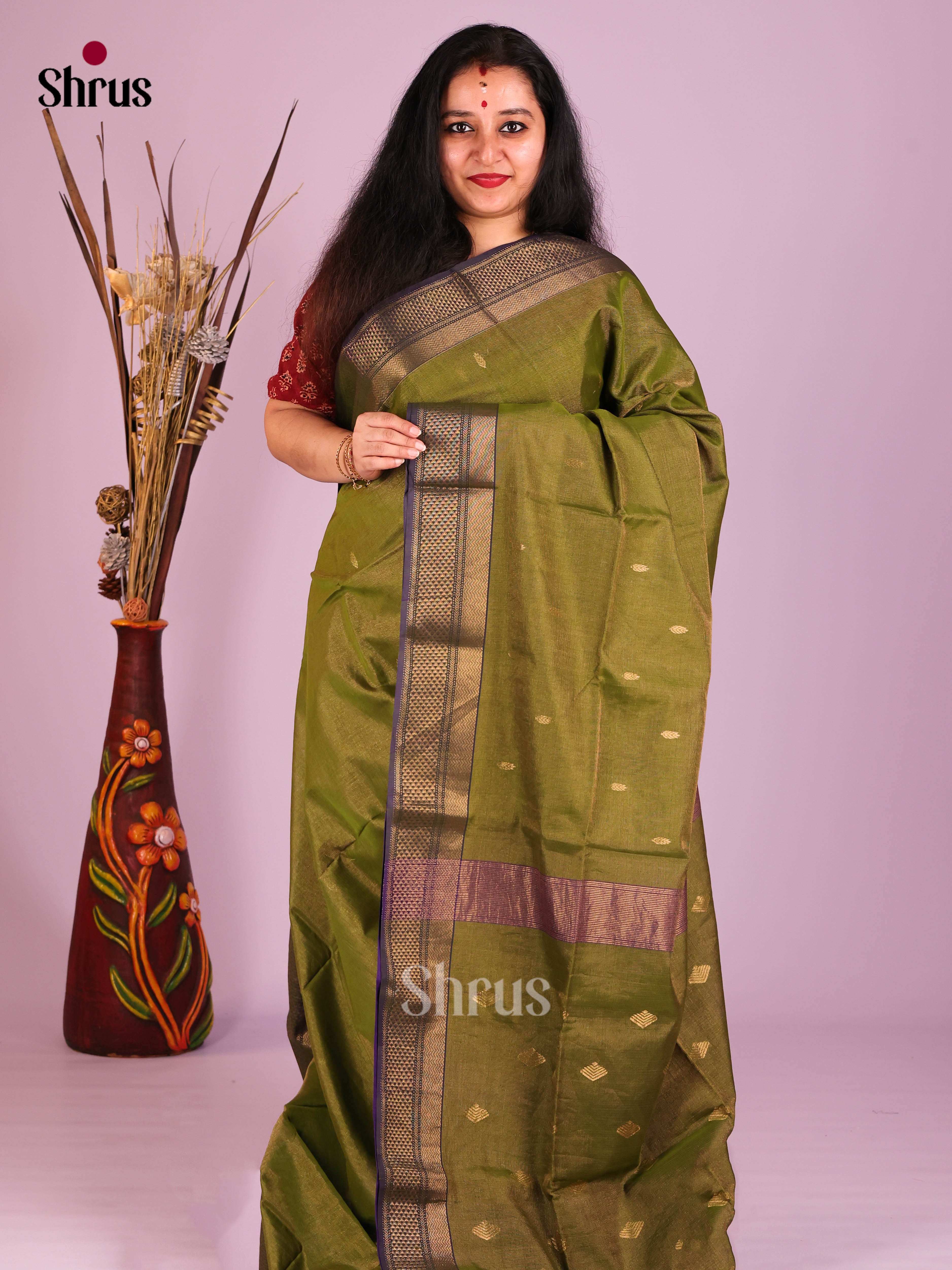 Green & Purple - Maheshwari silkcotton Saree - Shop on Shrus.com
