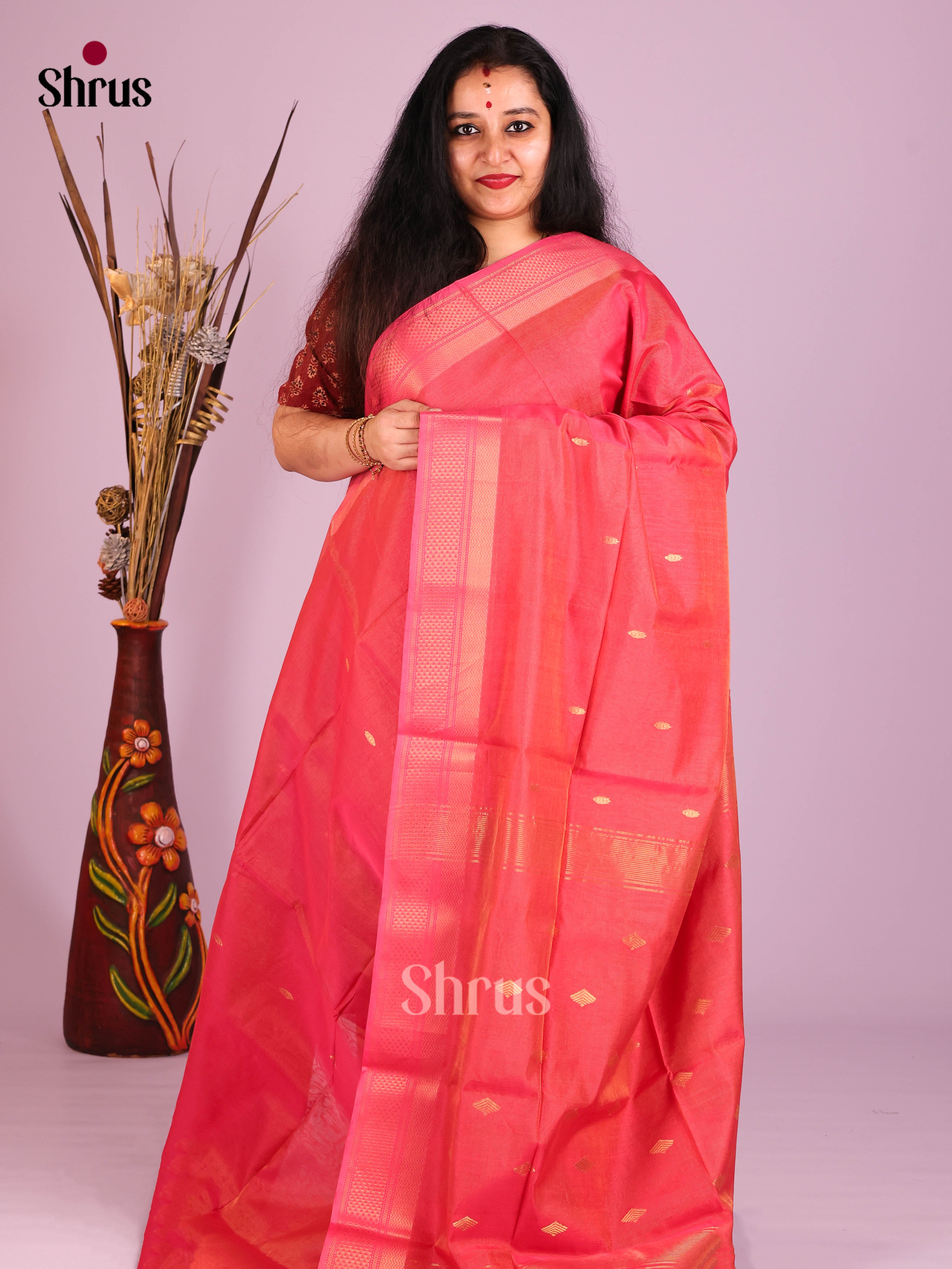 orangish Pink(Single Tone) - Maheshwari silkcotton Saree