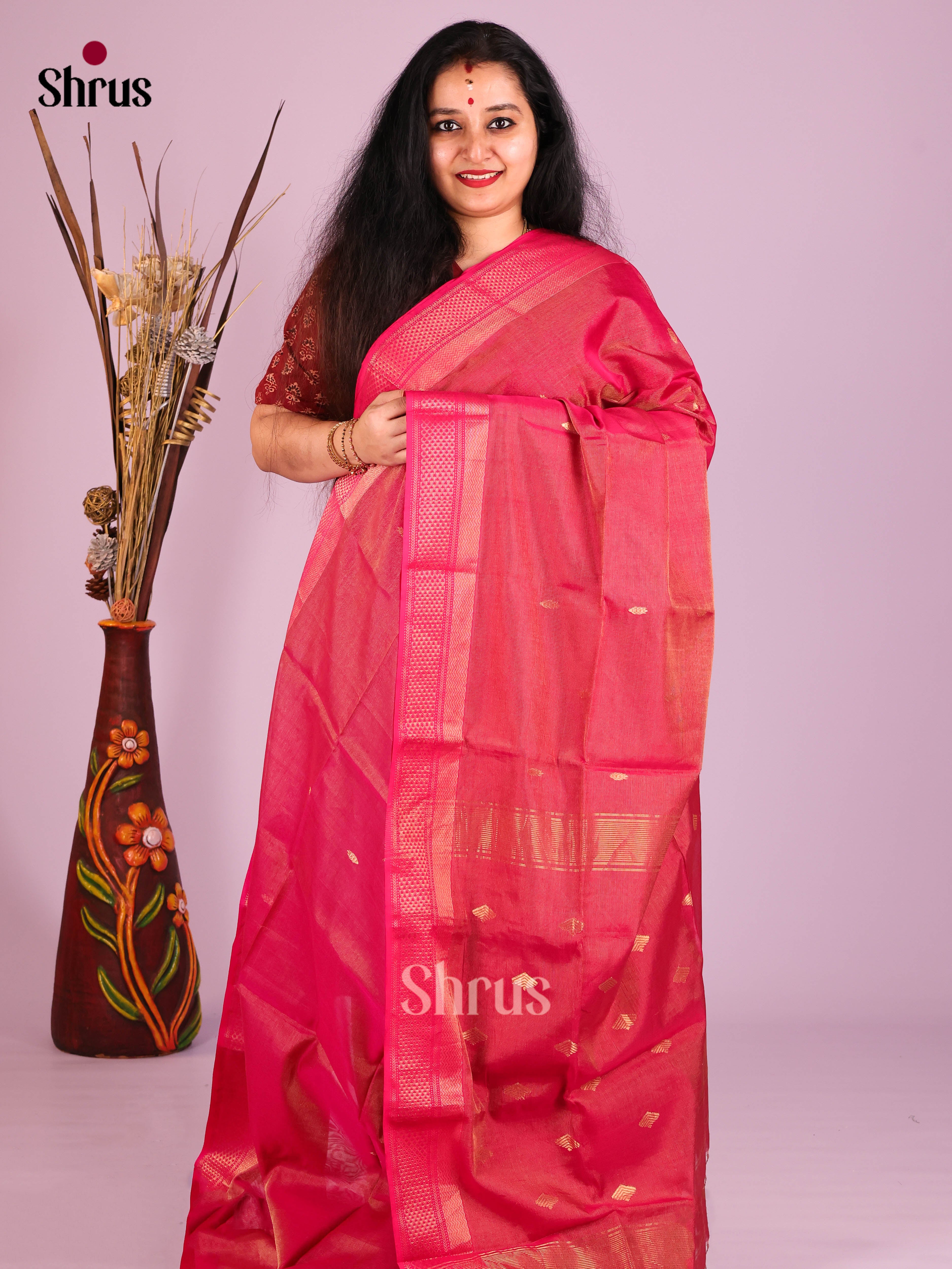 Pink(Single Tone)- Maheshwari silkcotton Saree - Shop on Shrus.com